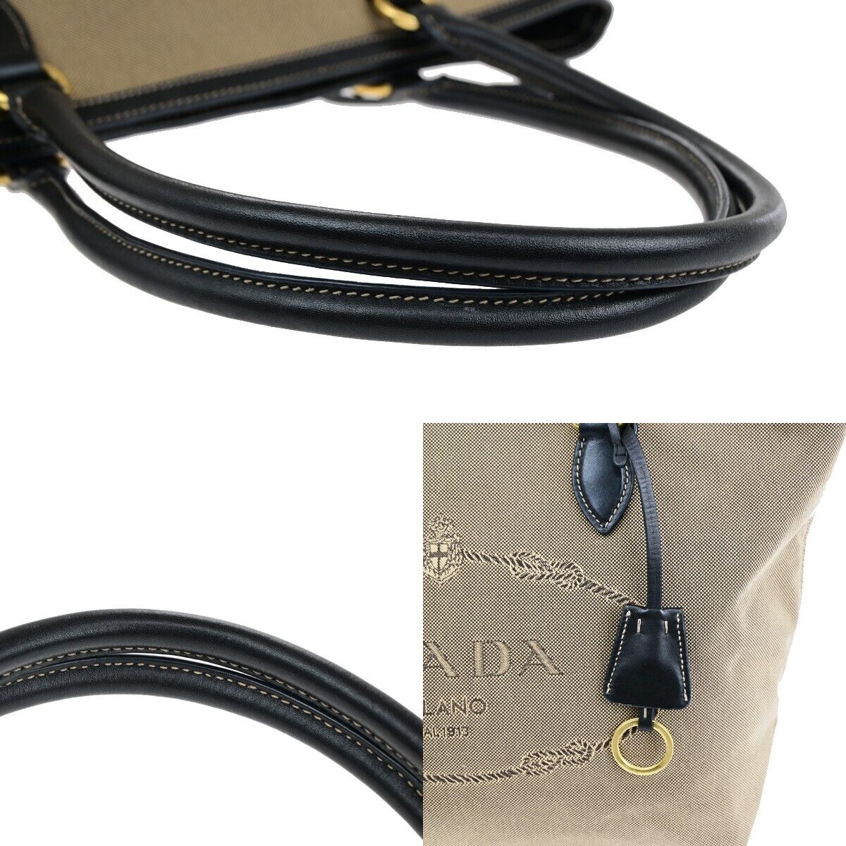 PRADA MILANO Logo Jacquard Shoulder Bag Canvas Leather Brown Black Gold 75SH961