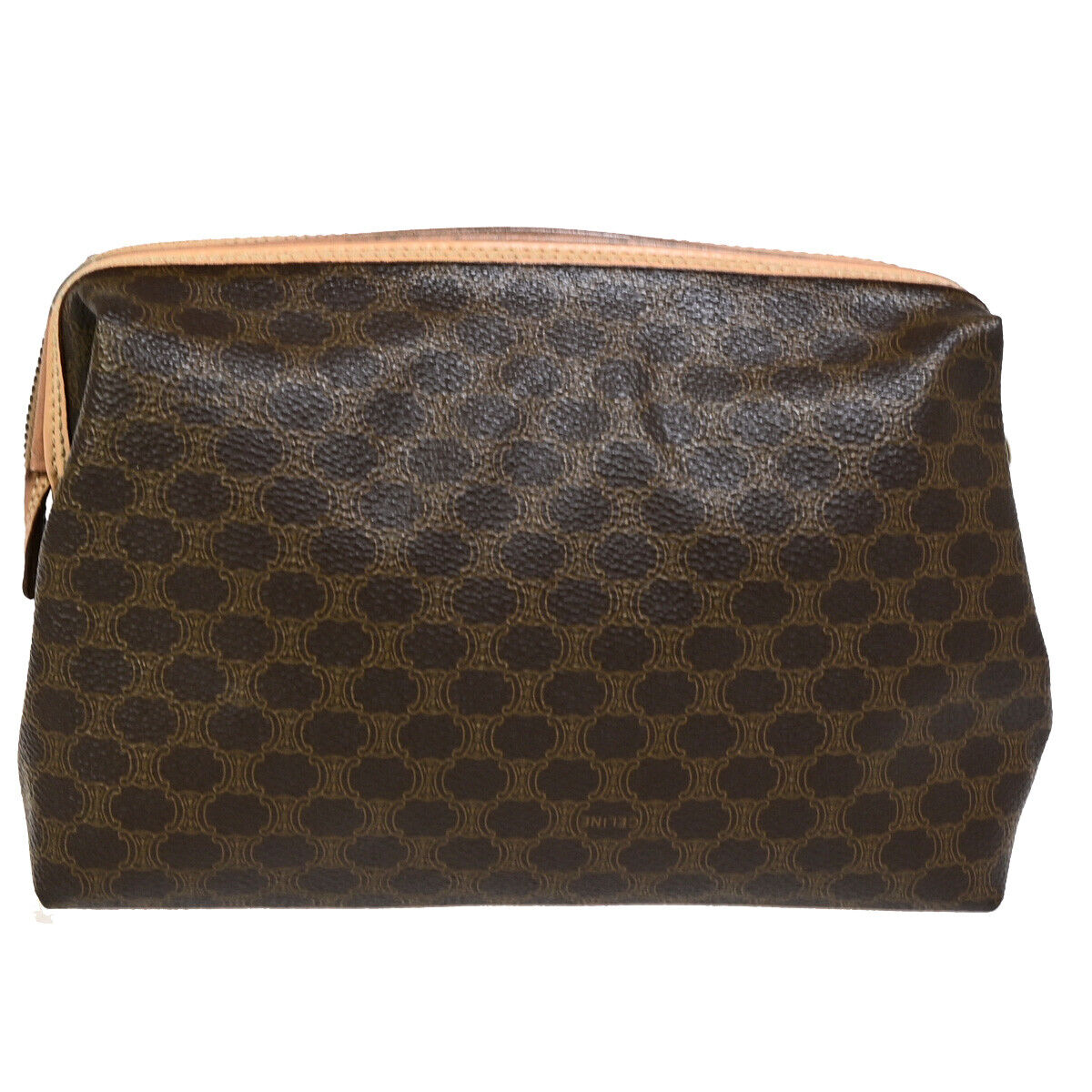 CELINE Logo Macadam Pattern Pouch Hand Bag PVC Leather Brown GHW 04SJ099
