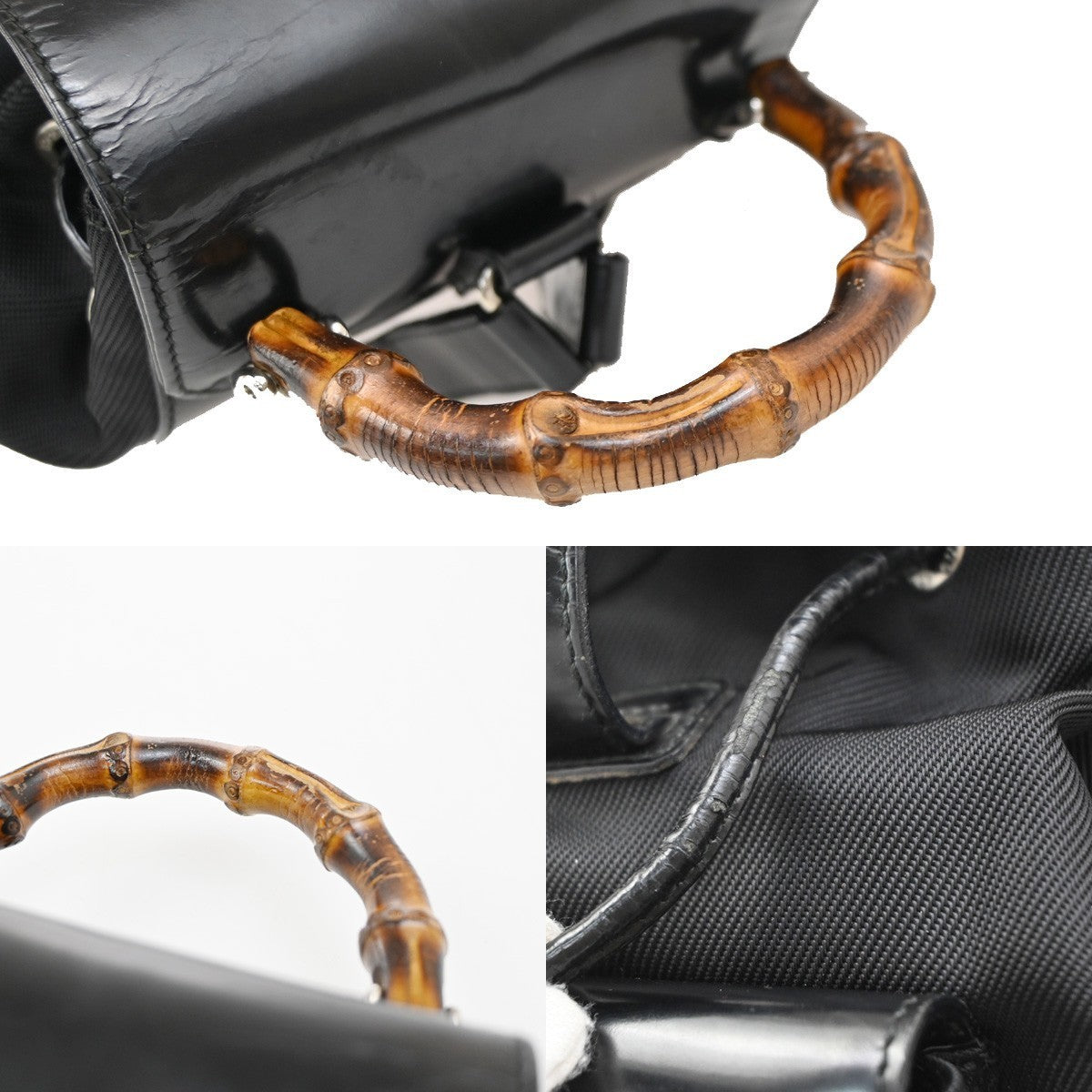 GUCCI Logo Bamboo Backpack Bag Leather Nylon Black Italy 04KP347