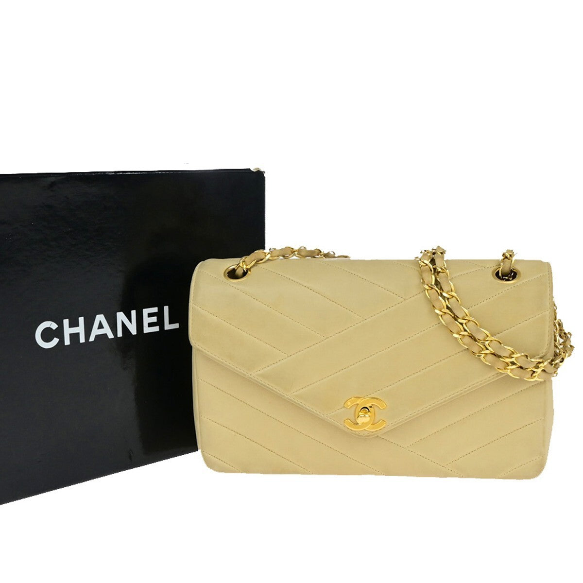 CHANEL CC Logo Bias Stitch Chain Shoulder Bag Leather Beige GHW France 617RK443