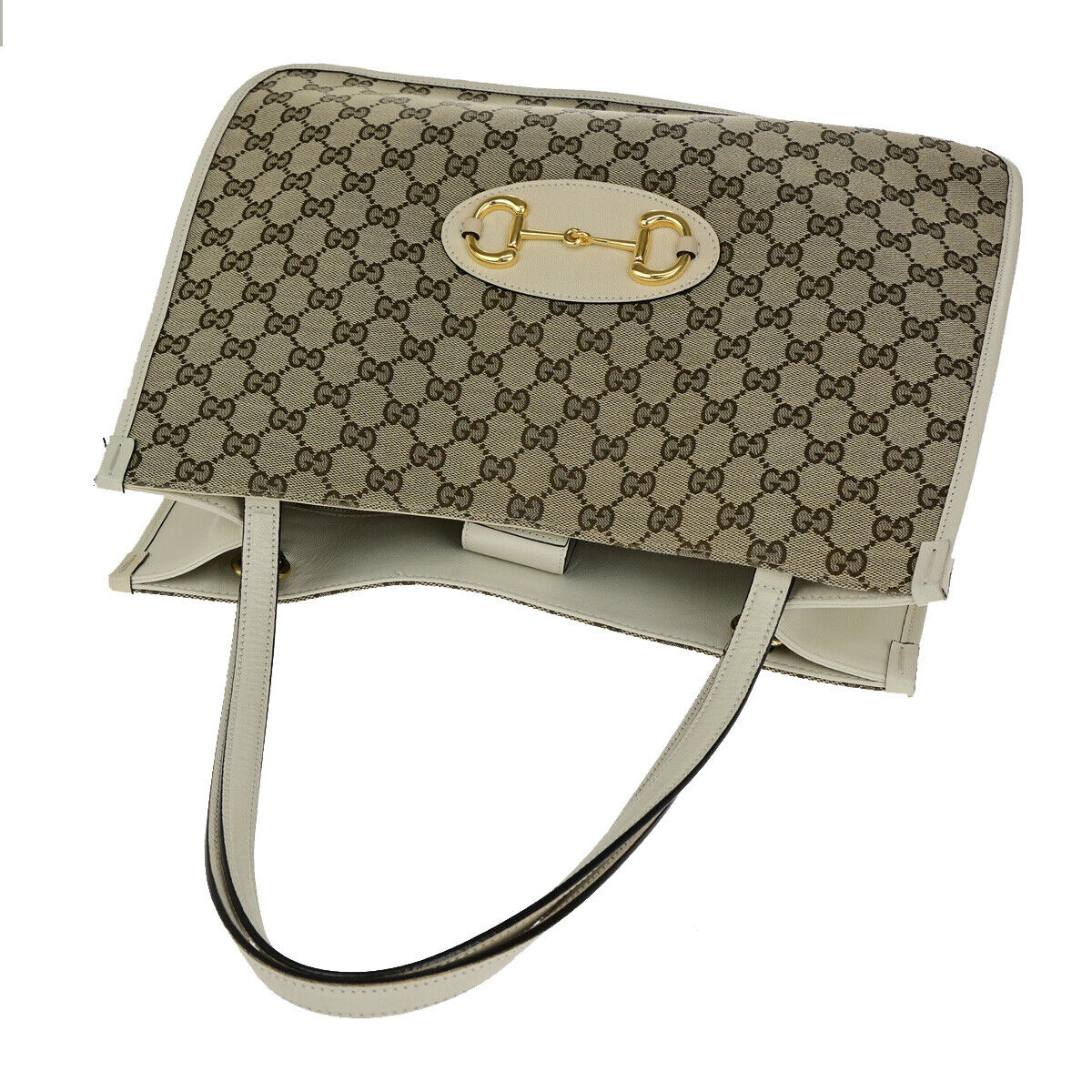 GUCCI Logo Horsebit GG Pattern Shoulder Bag Canvas Leather Brown White 20YG552