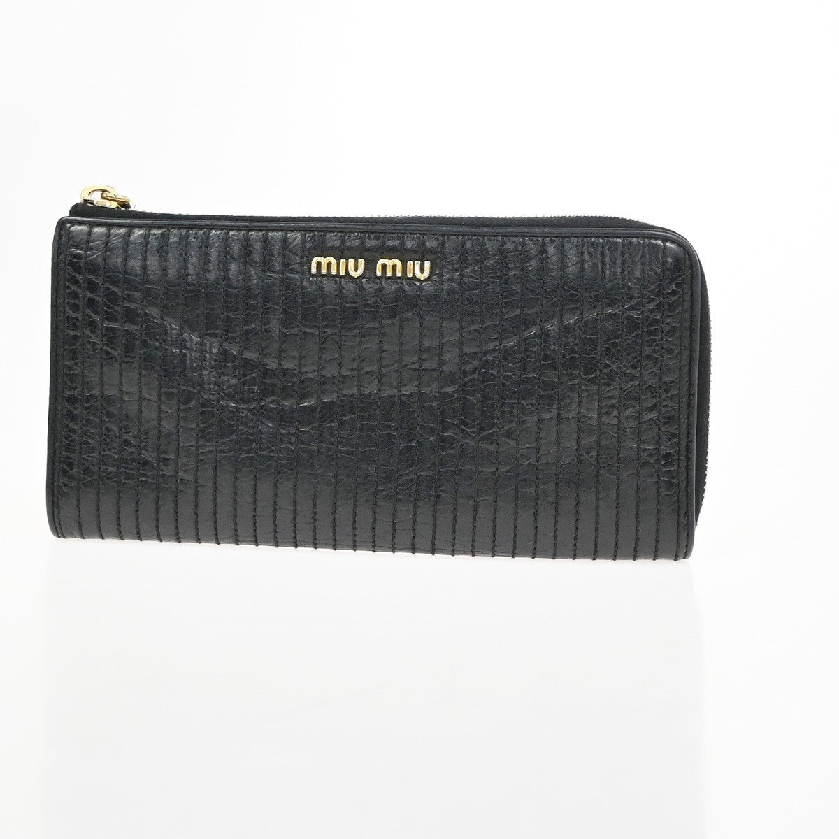 MIU MIU LOGO Matelasse Long Zipper Around Wallet Leather Black GHW 63KD079