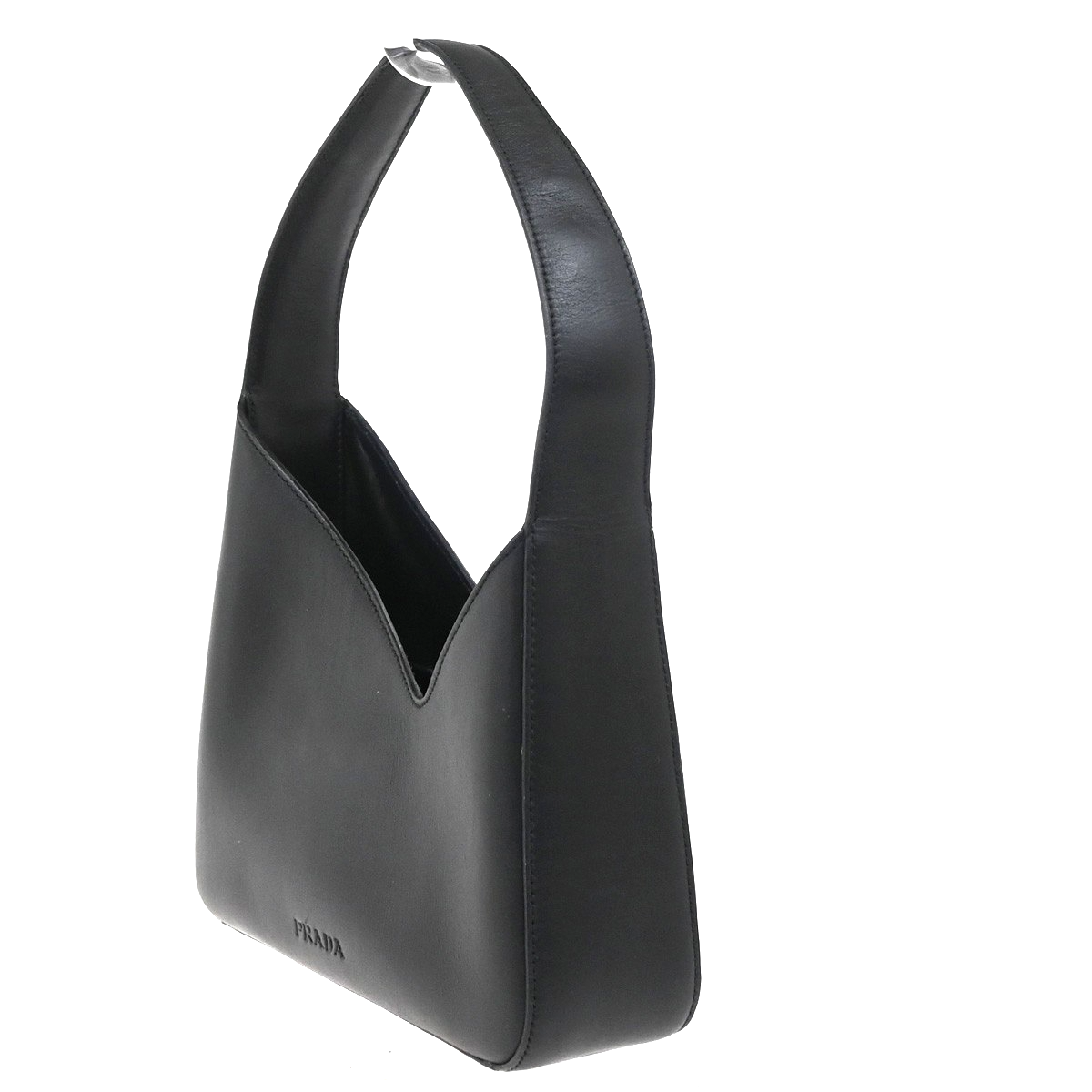 PRADA Logo Asymmetry Mini Hobo Shoulder Bag Leather Black Italy 11YJ086
