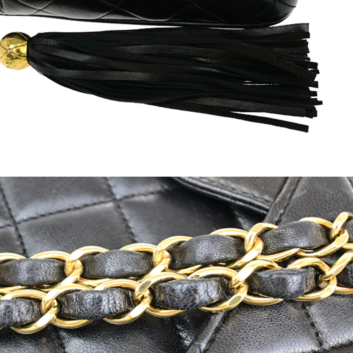 CHANEL CC Matelasse Tassel Chain Shoulder Bag Leather GHW BK Vintage 328RJ942