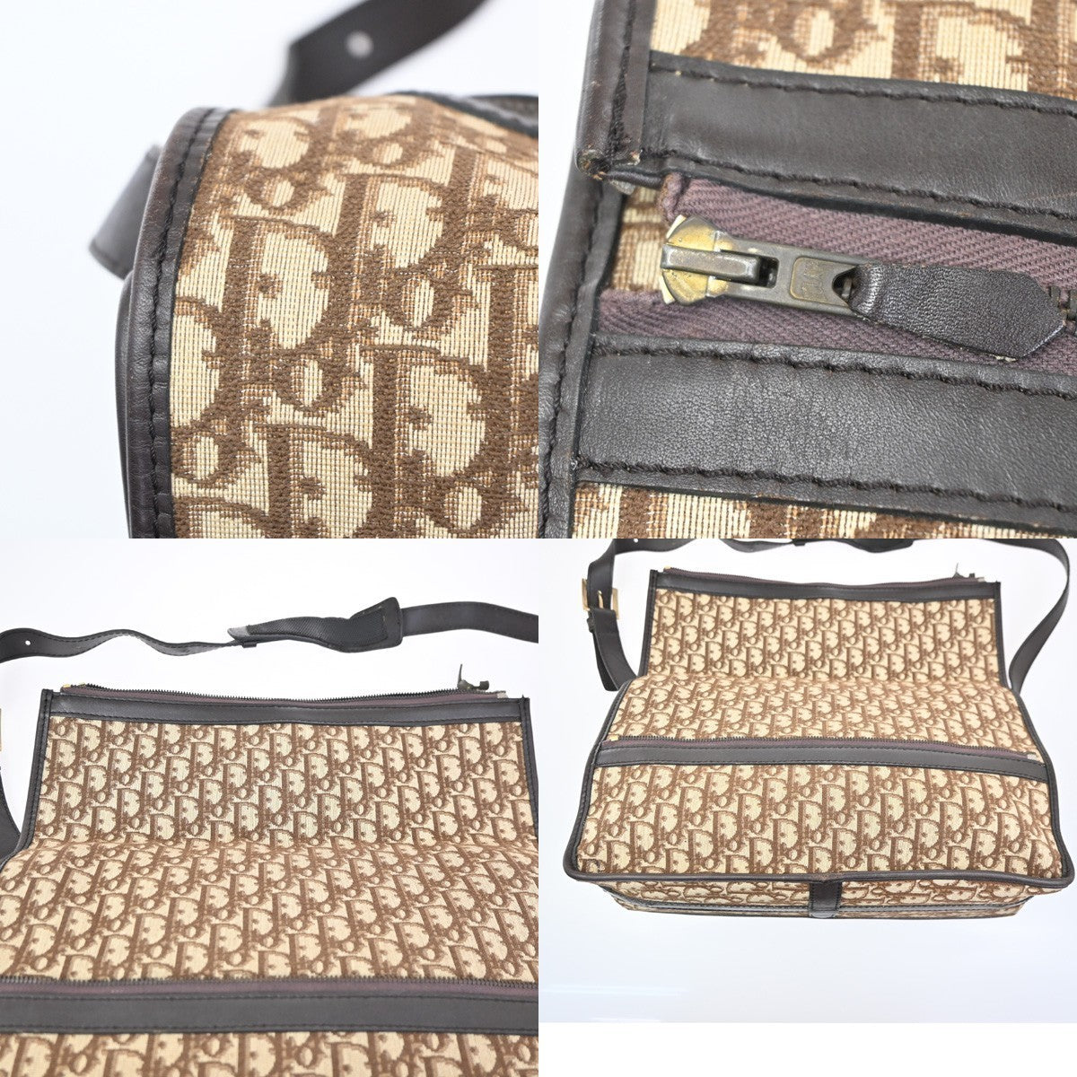 CHRISTIAN DIOR Logo Trotter Pattern Shoulder Bag Canvas Leather Brown 70KP521
