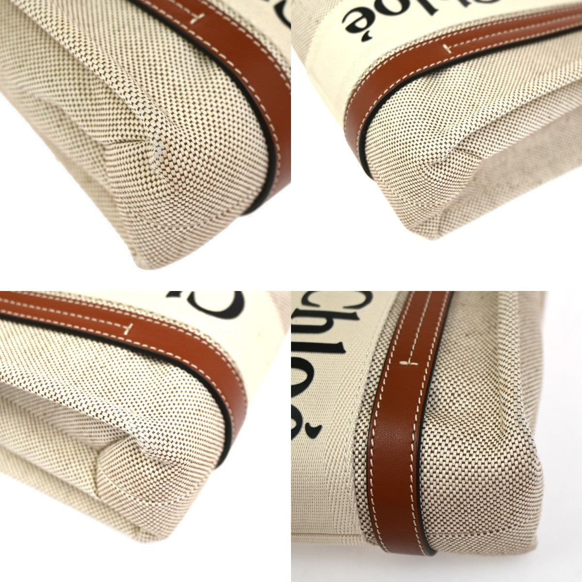 CHLOE Logo Woody Small Hand Tote Bag Canvas Leather Beige Brown Italy 77RQ021