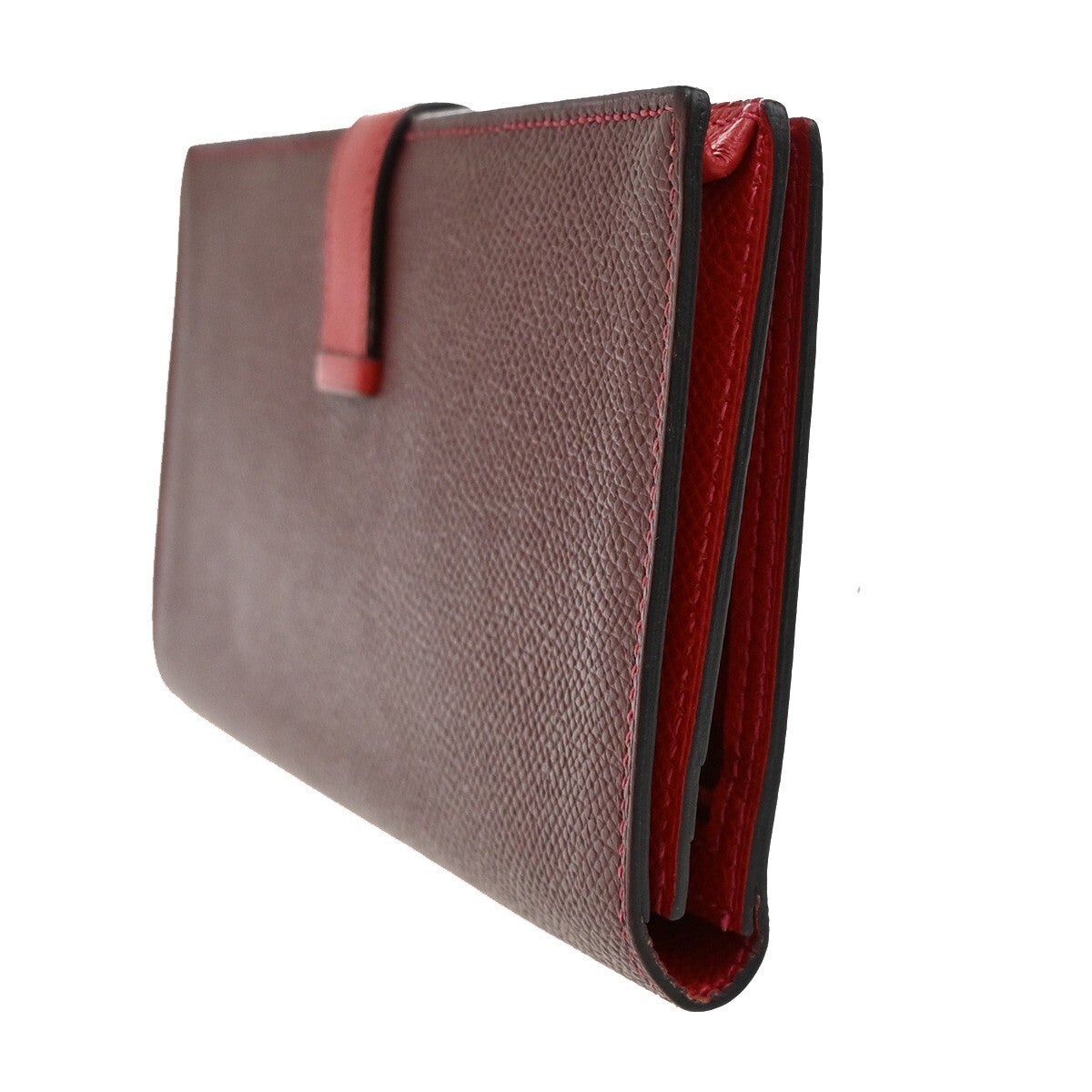 HERMES Logo Bearn Bicolor Long Bifold Wallet Leather Red Burgundy SHW 96RF294