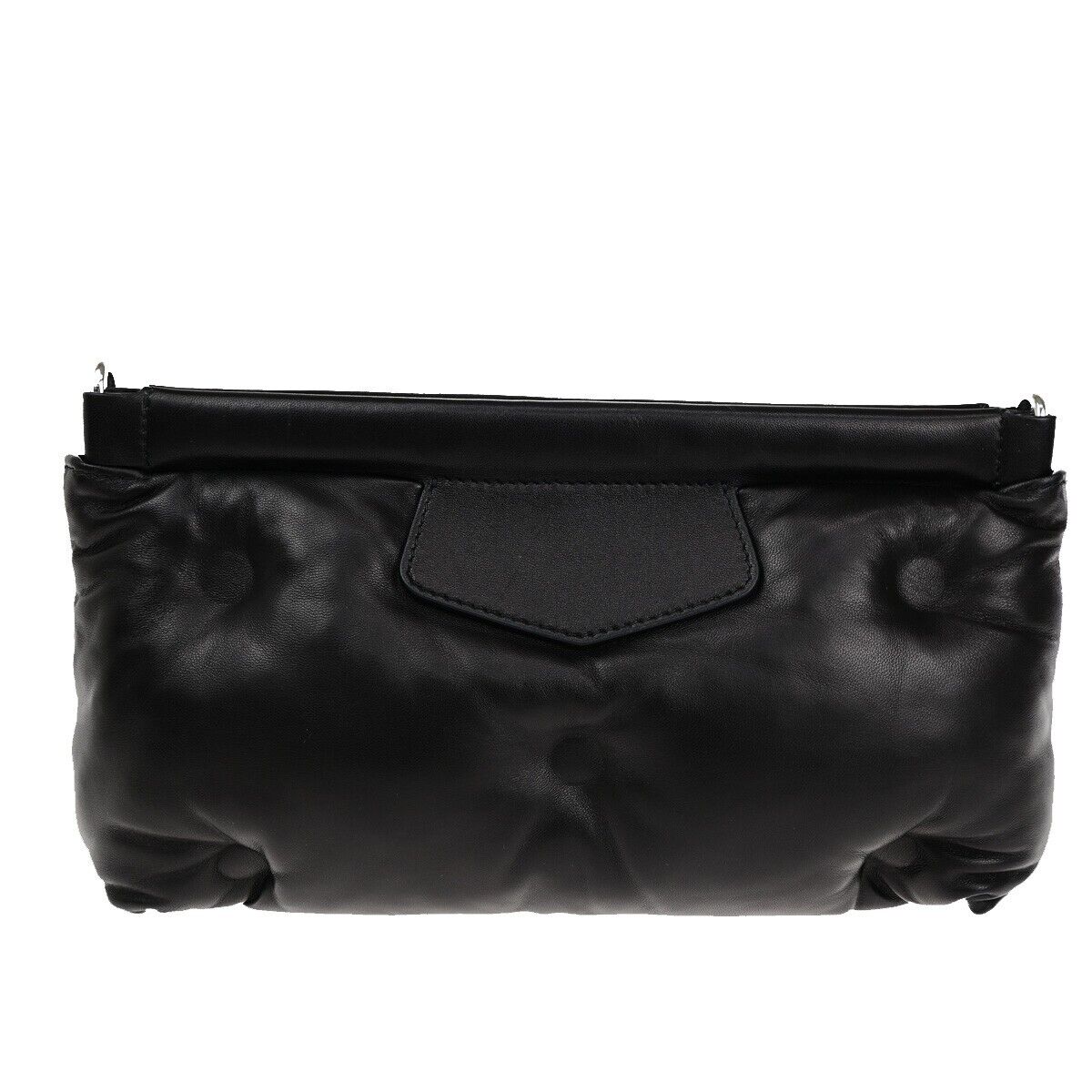 MAISON MARGIELA Logo Glam Slam Chain Clutch Hand Bag Leather Black Silve 40RF146