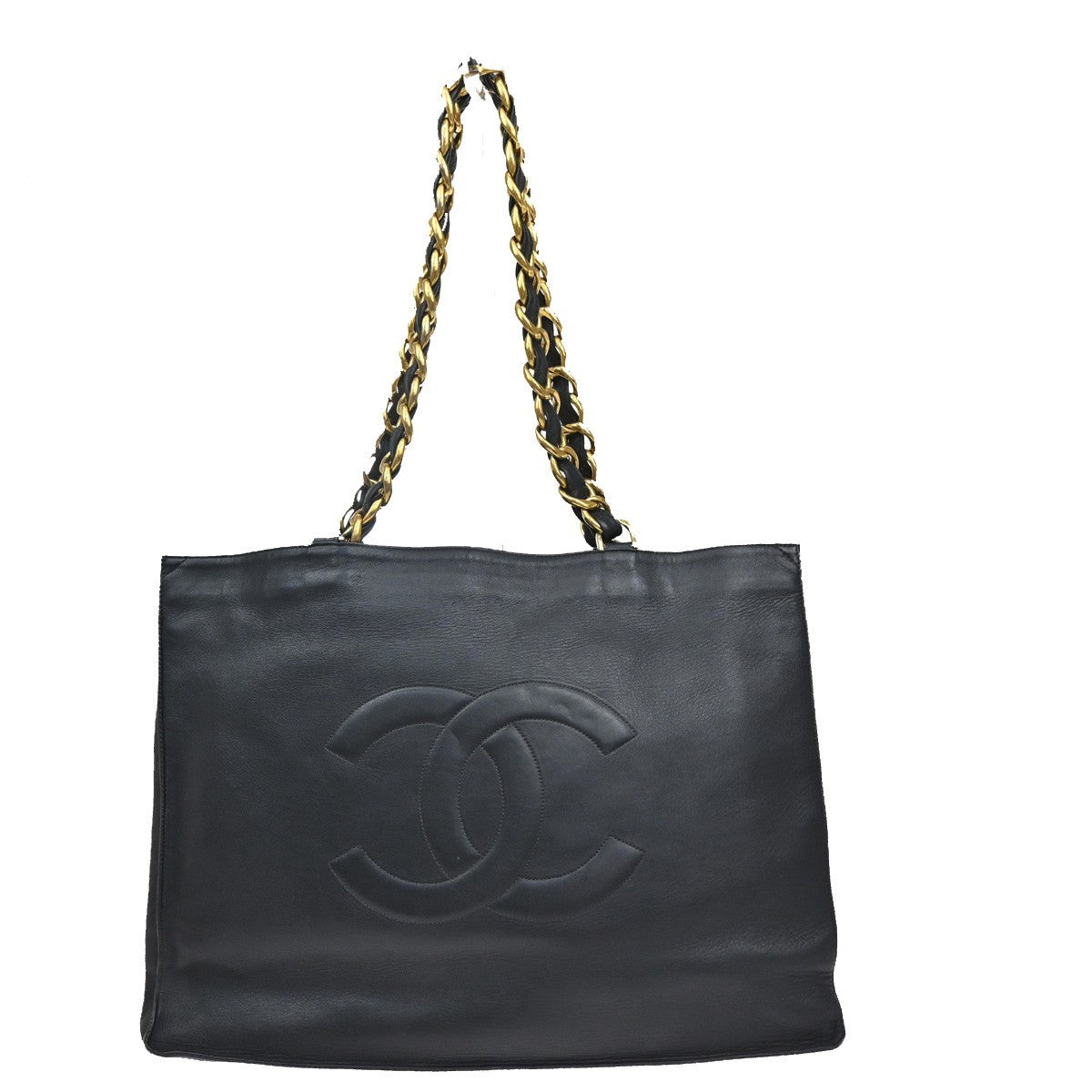 CHANEL CC Logo Chain Shoulder Tote Bag Leather Black France 49EG117