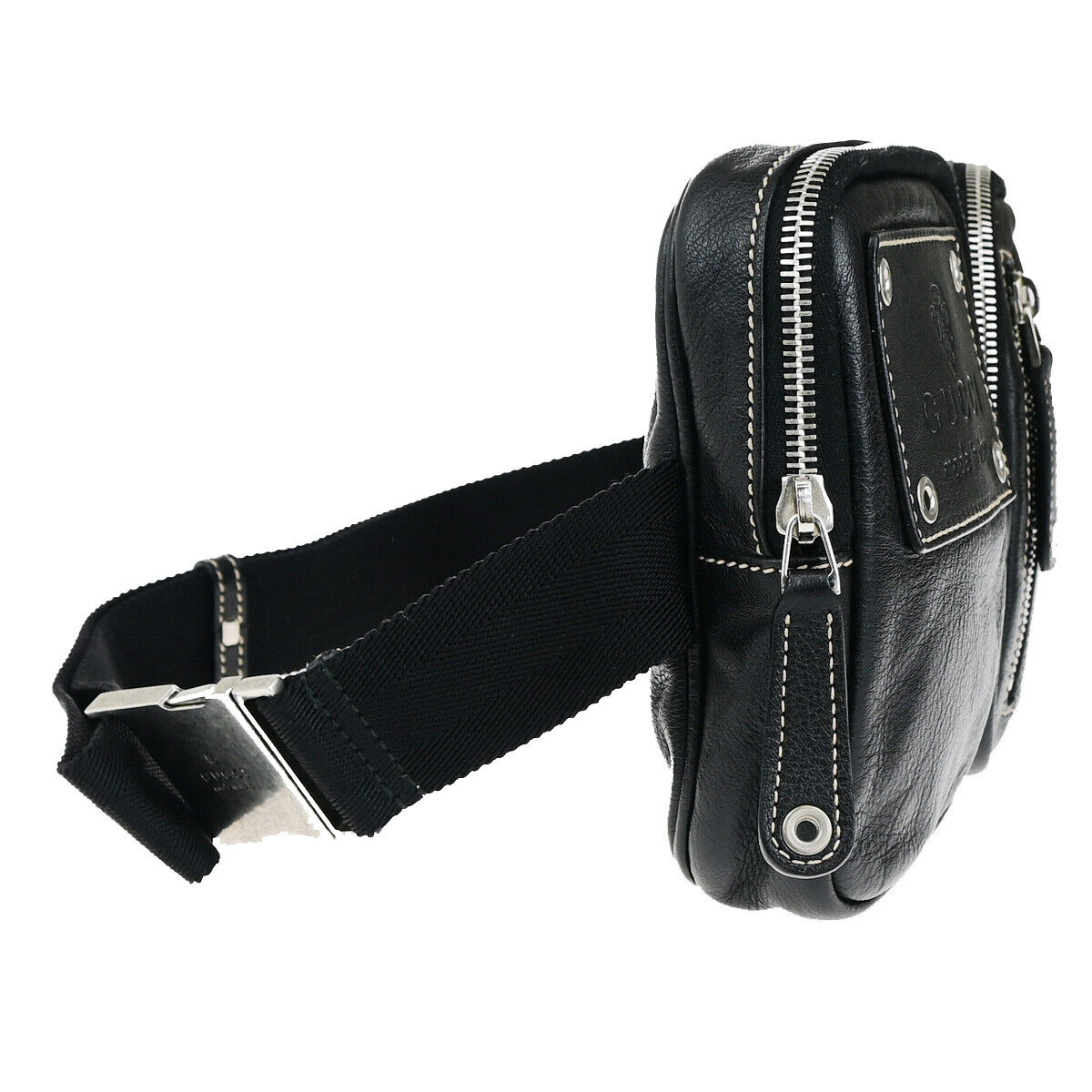 GUCCI Logo Waist Bum Body Bag Leather Black SHW Italy 77YG477