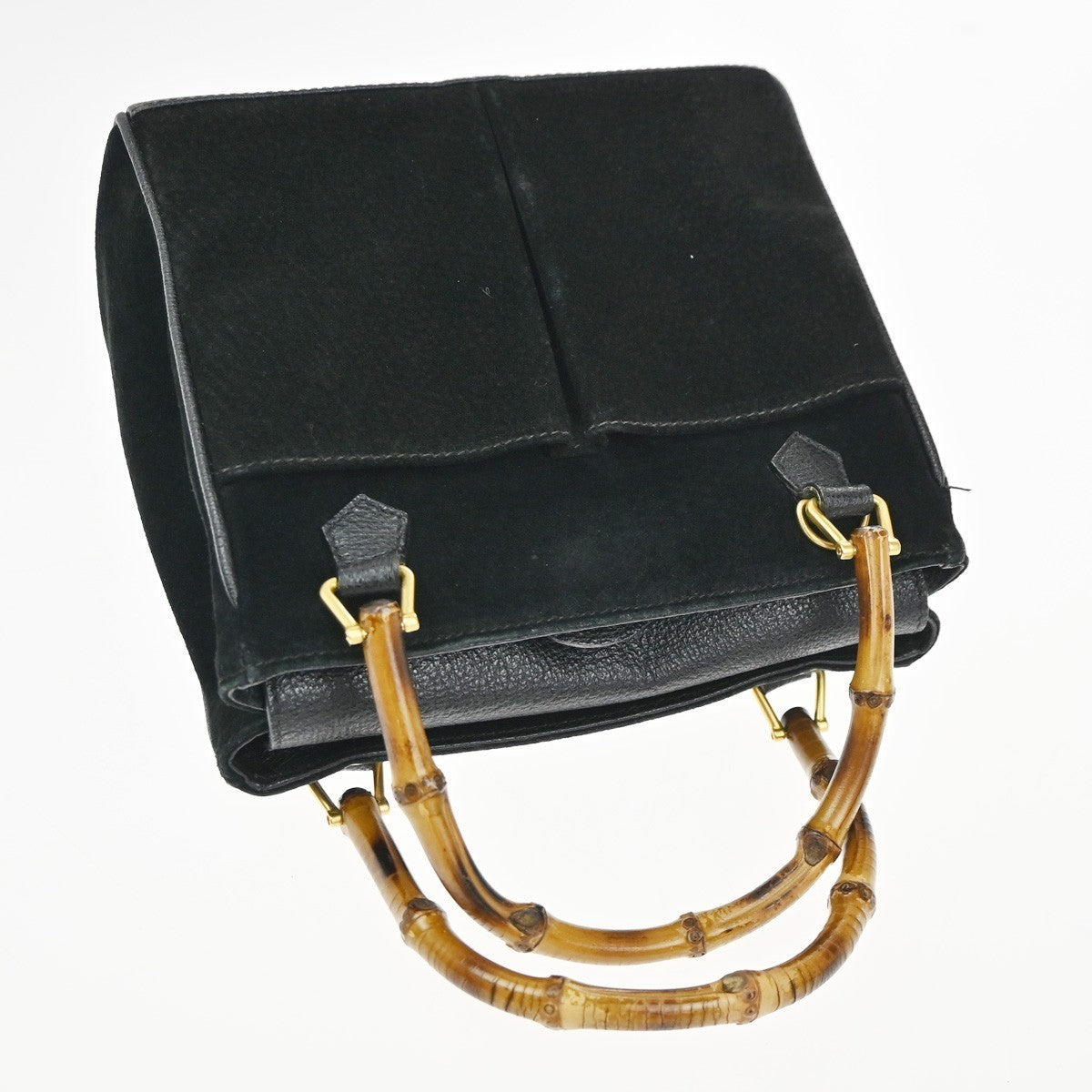 GUCCI Logo Bamboo 2Way Shoulder Hand Bag Suede Leather Black GHW Italy 86TA526
