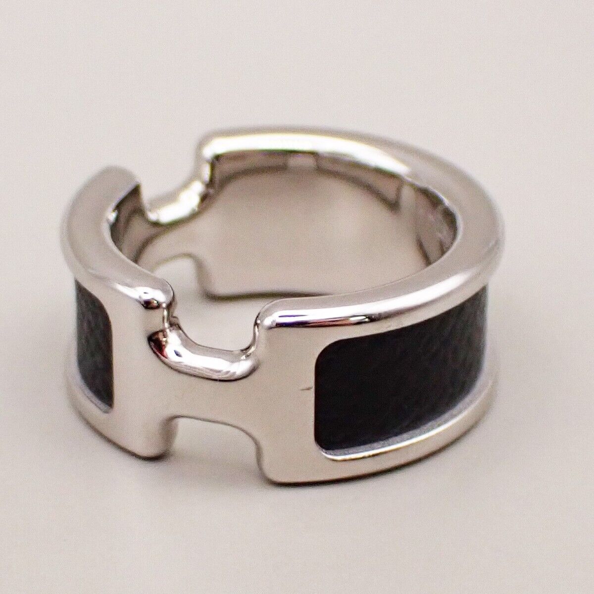 HERMES Olympe Ring XS Palladium Plated Calf Skin Leather Black Silver 30YG575