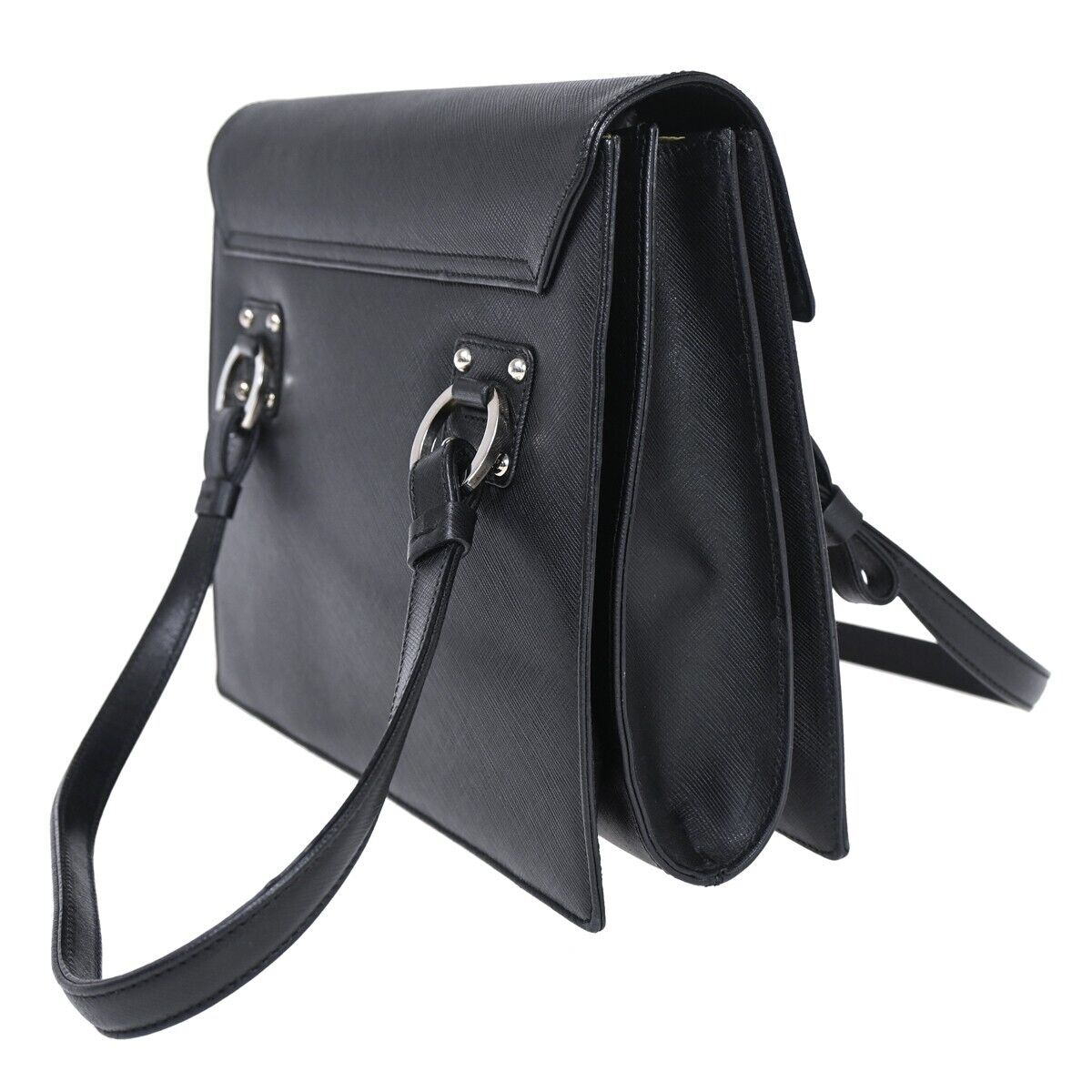 SALVATORE FERRAGAMO Gancini Hand Bag Leather Black Silver Made in Italy 62HB100