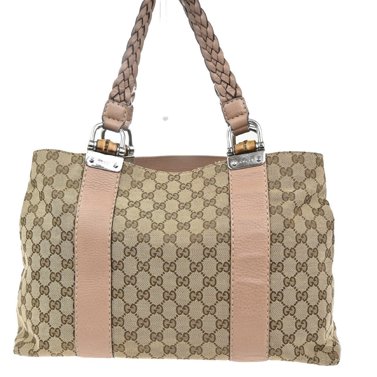 GUCCI Logo Bamboo GG Shoulder Hand Bag Canvas Leather Beige Pink Italy 32MA171