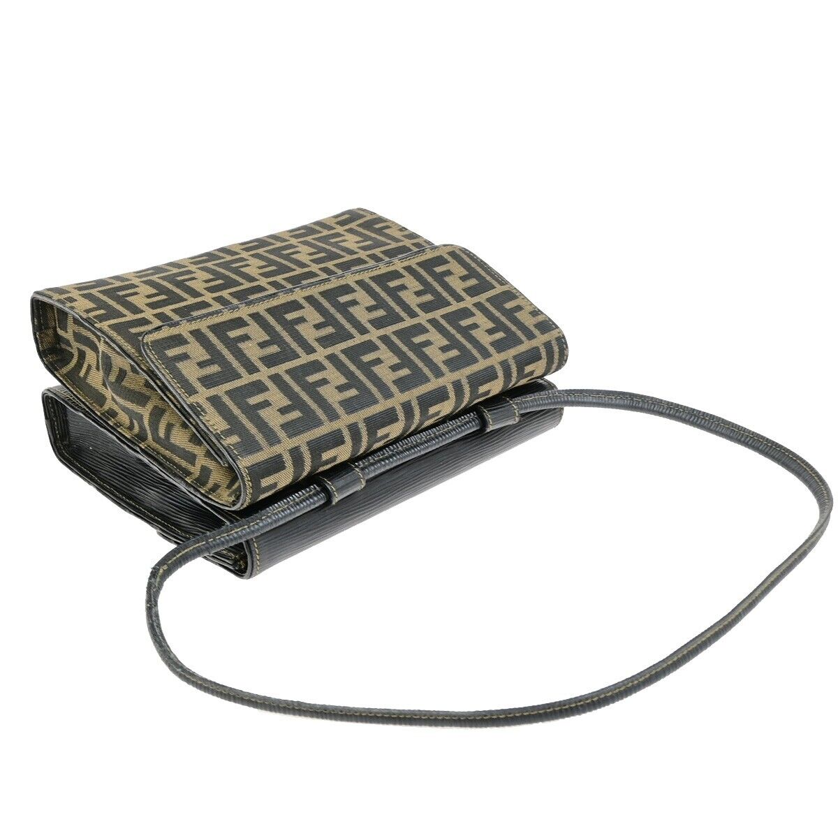 FENDI Logo Zucca Pattern Shoulder Bag Canvas Leather Brown Black GHW 76ED916