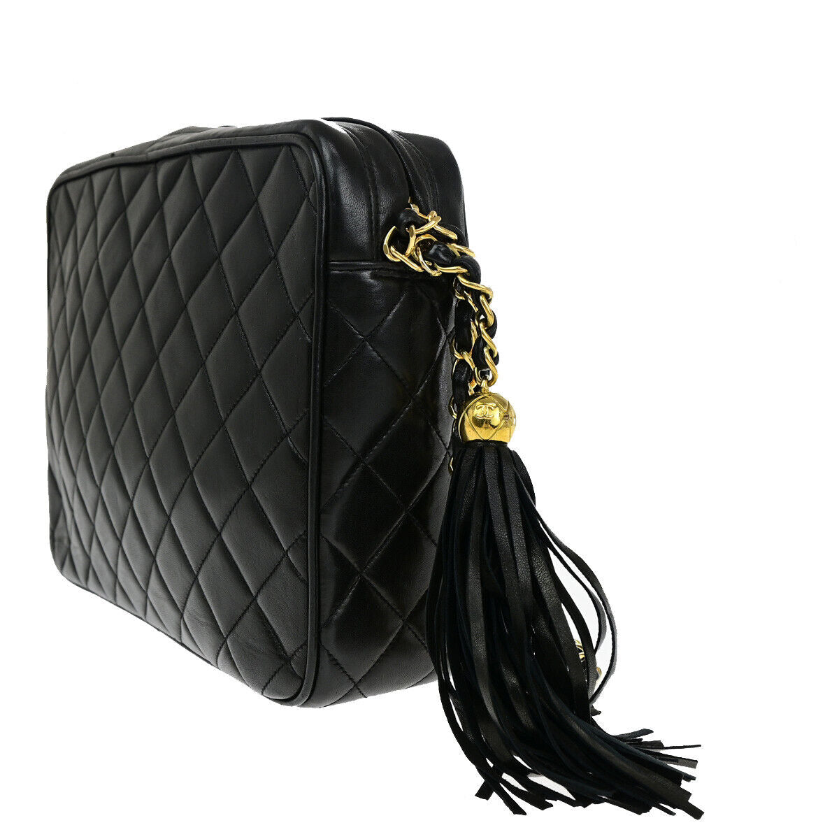 CHANEL CC Matelasse Tassel Chain Shoulder Bag Leather GHW BK Vintage 328RJ942