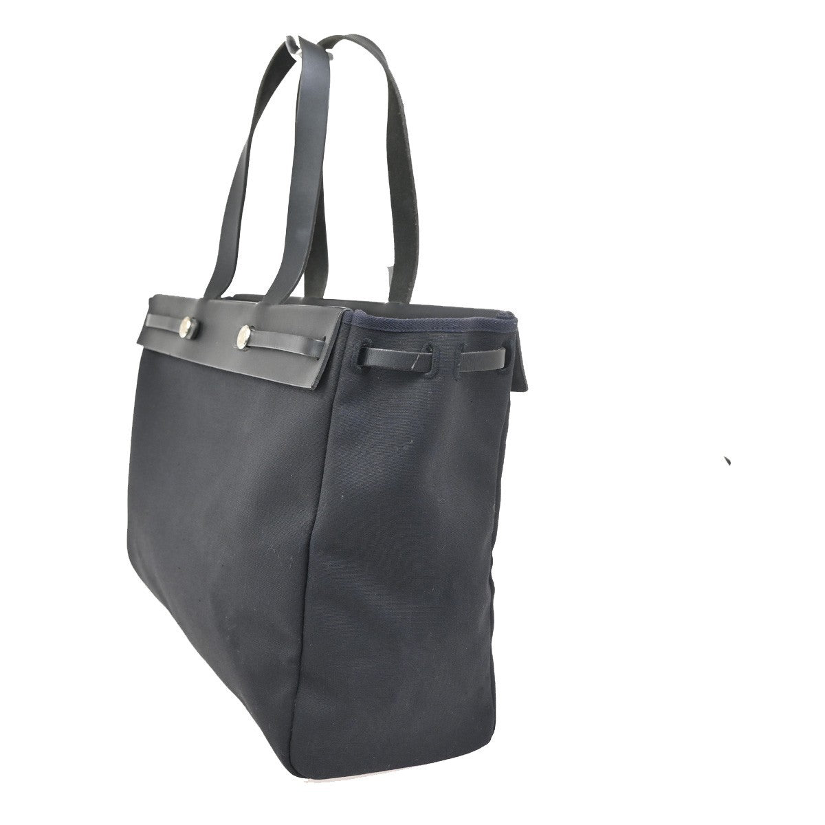 HERMES Her Bag Cabas Shoulder Hand Bag Canvas Leather Black SHW France 84RL826