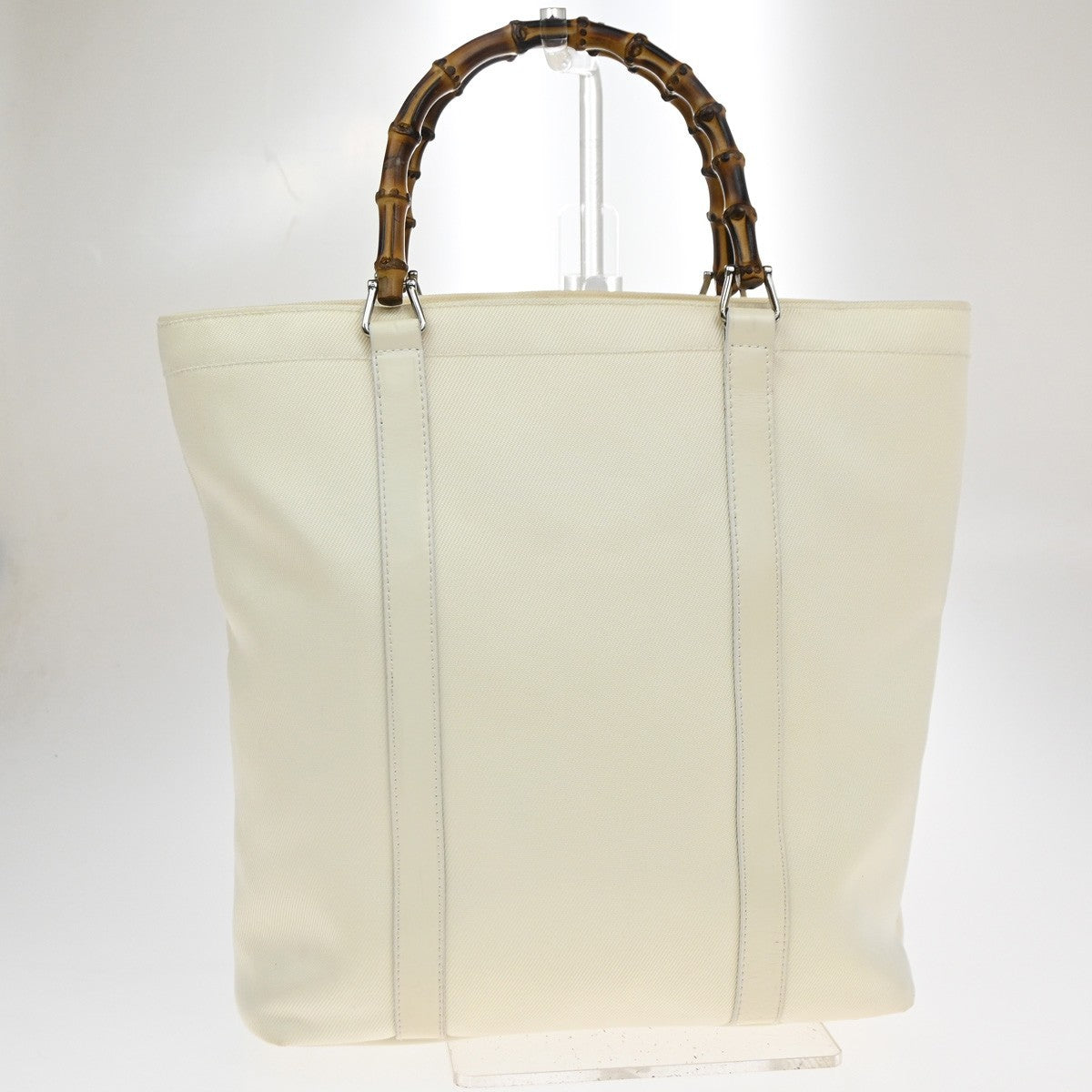 GUCCI Logo Bamboo Handbag Nylon Patent Leather White SHW Italy 66CA341