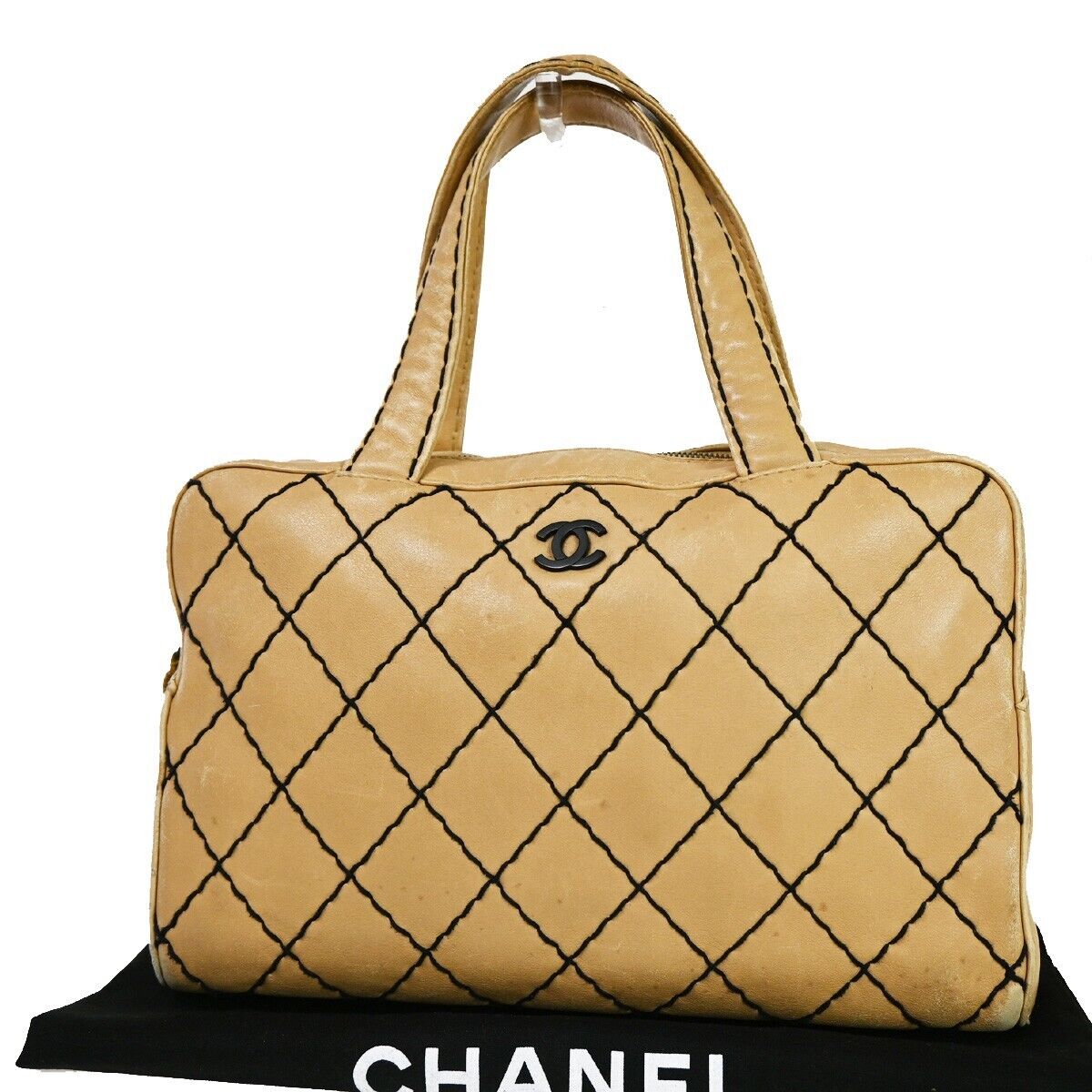 CHANEL CC Logo Wild Stitch Hand Tote Bag Leather Beige Black Italy 11SH052