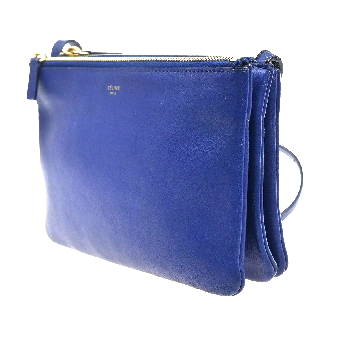 CELINE Logo Trio Small Crossbody Shoulder Bag Leather Blue Italy GHW 35YJ117