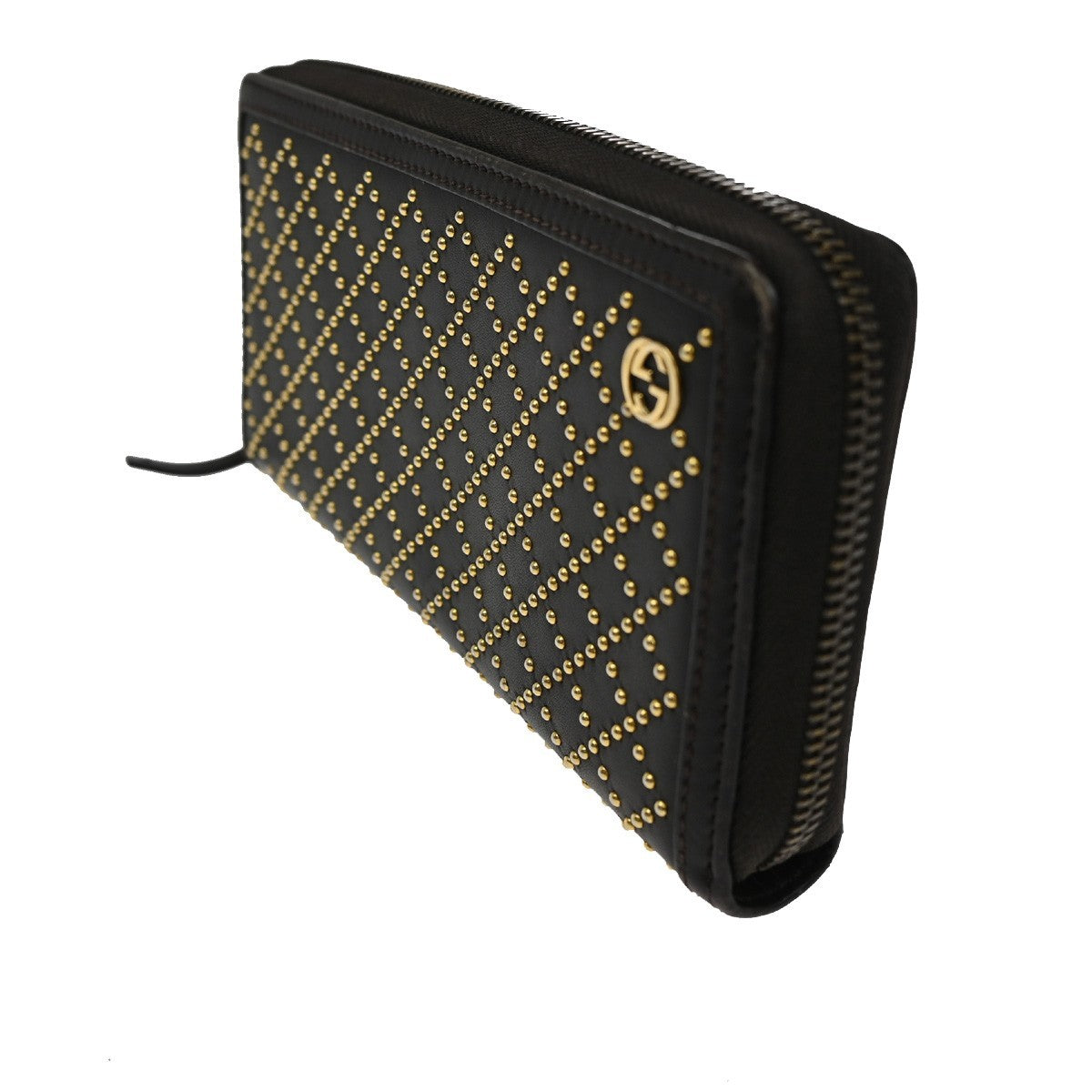 GUCCI Logo Diamante Studded GG Long Zipper Wallet Leather Brown Gold 62TA307