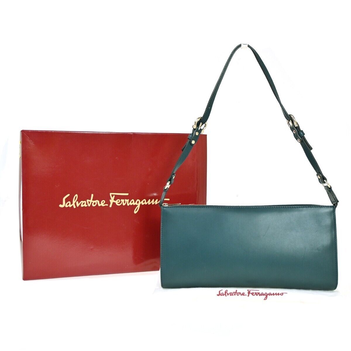 SALVATORE FERRAGAMO Logo Gancini Shoulder Bag Leather Green Gold Italy 02HB577