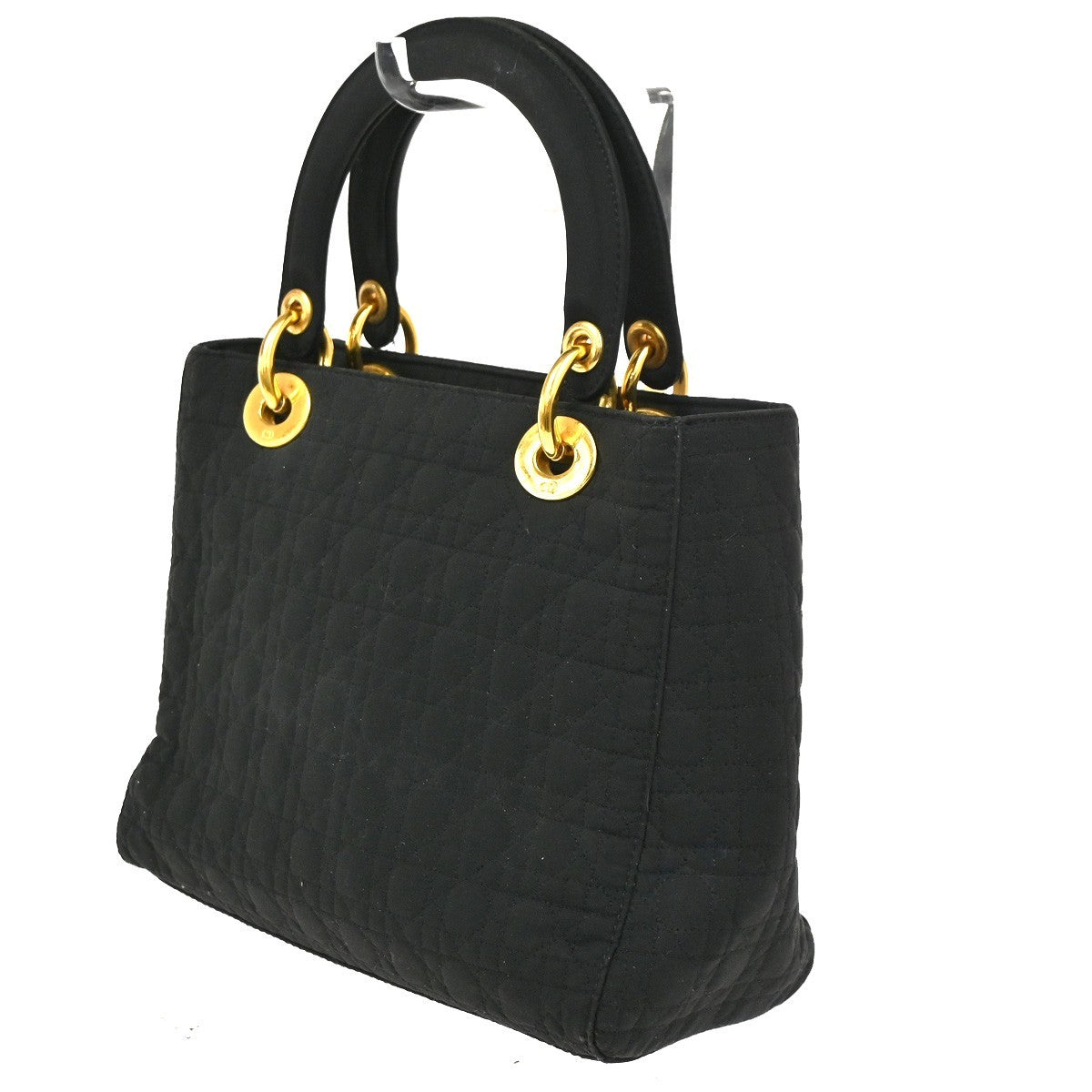 CHRISTIAN DIOR Lady Cannage Hand Tote Bag Nylon Black Gold Italy 84CA795