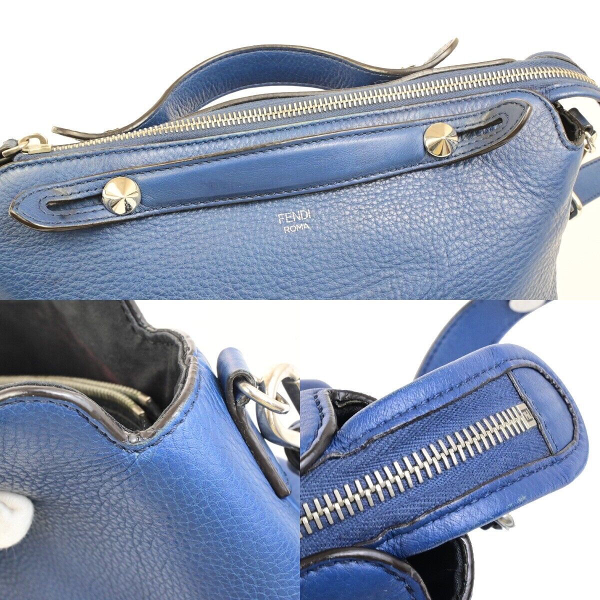 FENDI Logo By The Way 2Way Shoulder Hand Bag Leather Blue Silver Italy 88FB359
