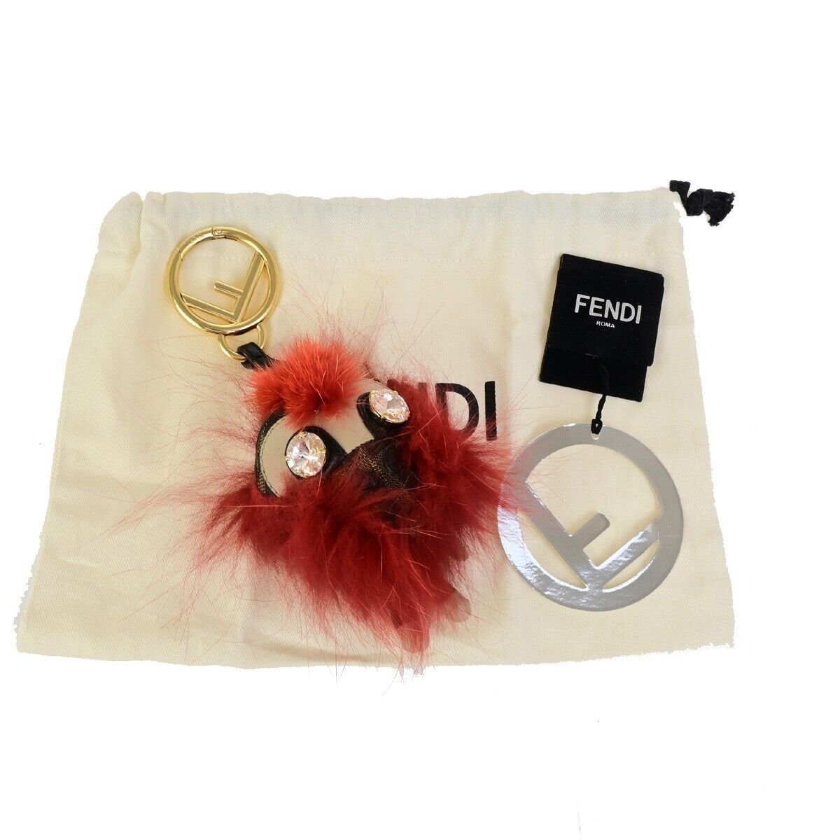FENDI Logo Zucca Pattern Monster Bag Charm Key Ring Metal Fur Canvas Red 69KA428