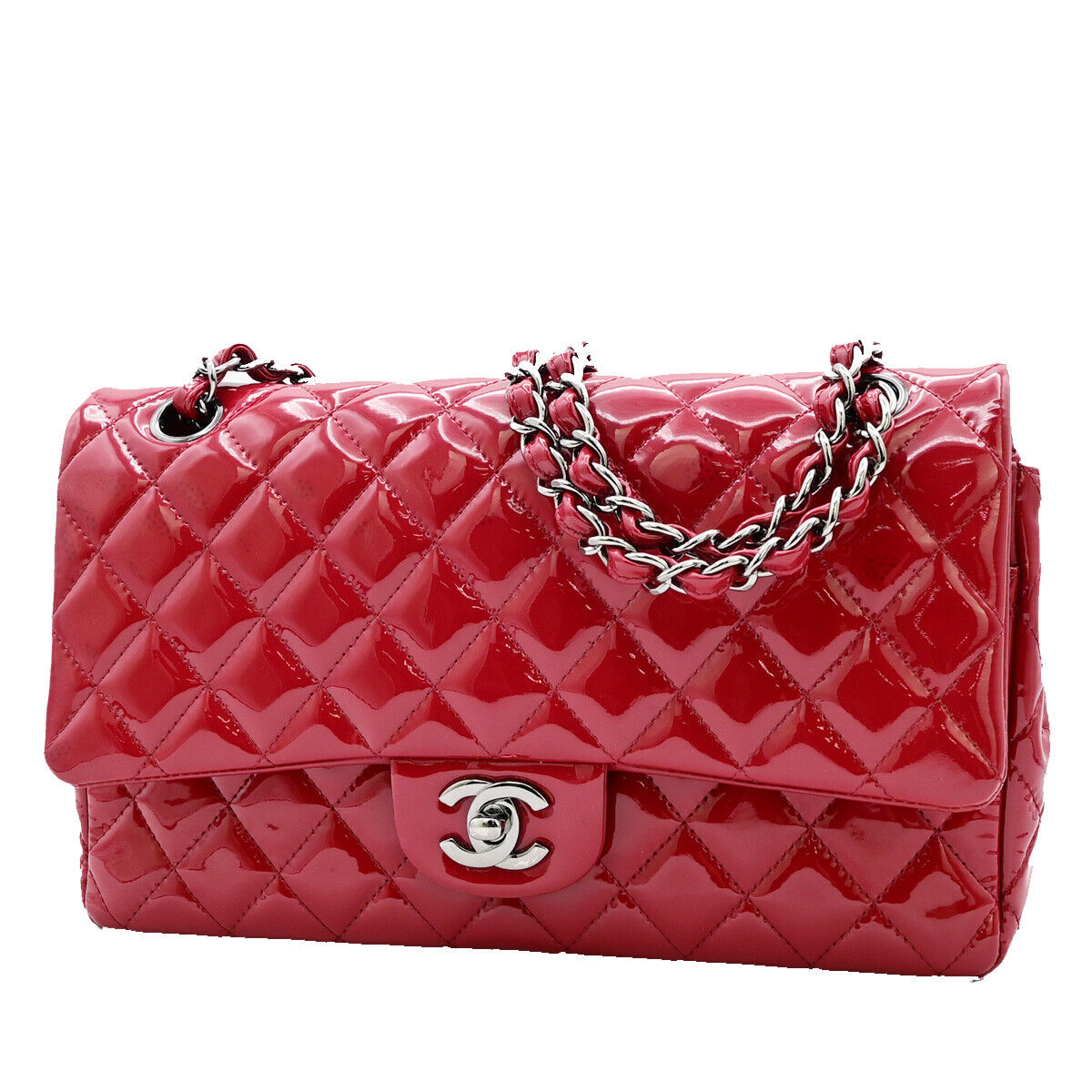 CHANEL CC Matelasse 25 Chain Shoulder Bag Patent Leather Red SHW 373RJ867