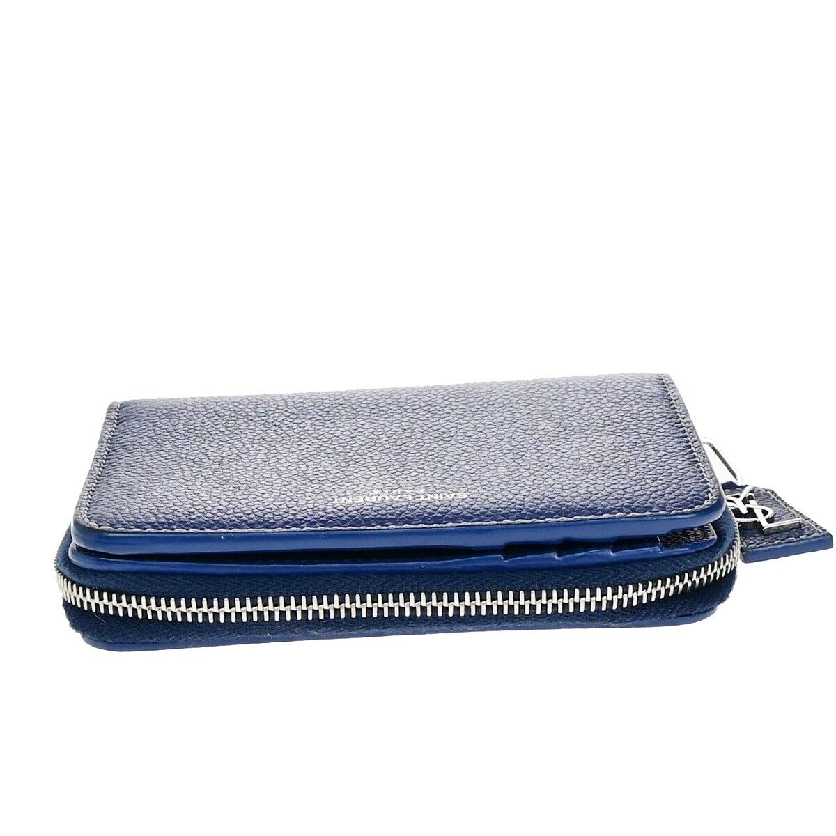 SAINT LAURENT Logo Bifold Wallet Purse Leather Blue SHW Made in Italy 65EB003