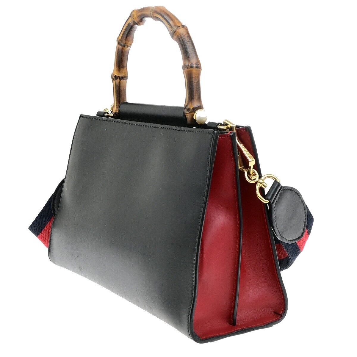 GUCCI Logo Nymphaea 2Way Shoulder Hand Bag Bamboo Leather Black Red 73ED428