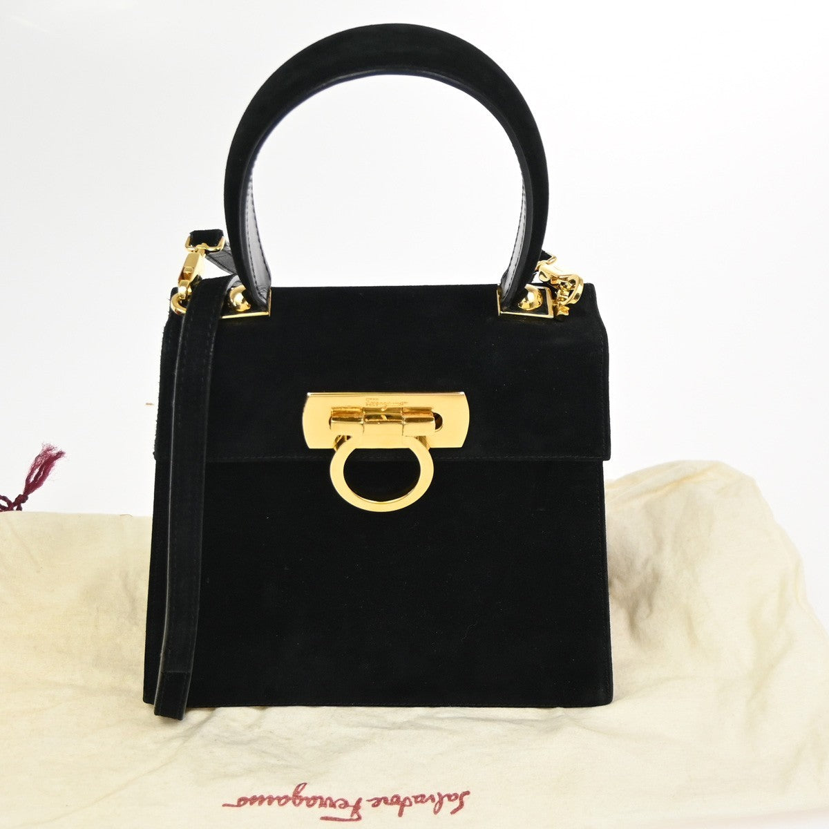 SALVATORE FERRAGAMO Gancini 2Way Shoulder Bag Suede Leather Black GHW 83ZA213
