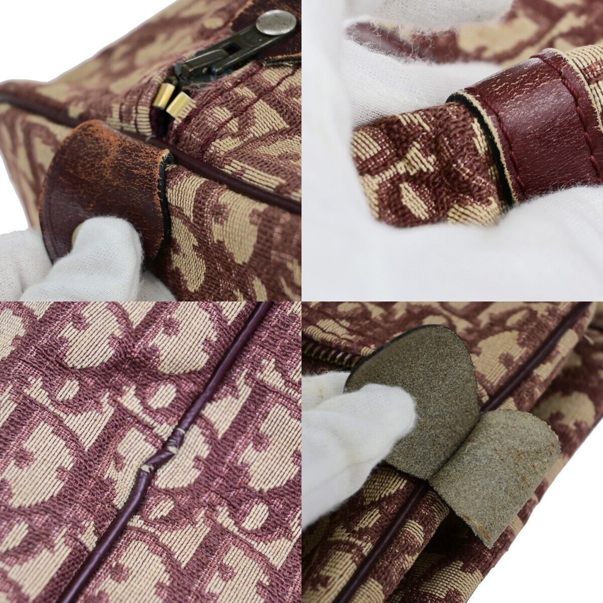 CHRISTIAN DIOR Logo Trotter Pattern Hand Bag Canvas Leather Bordeaux GHW 31EB476