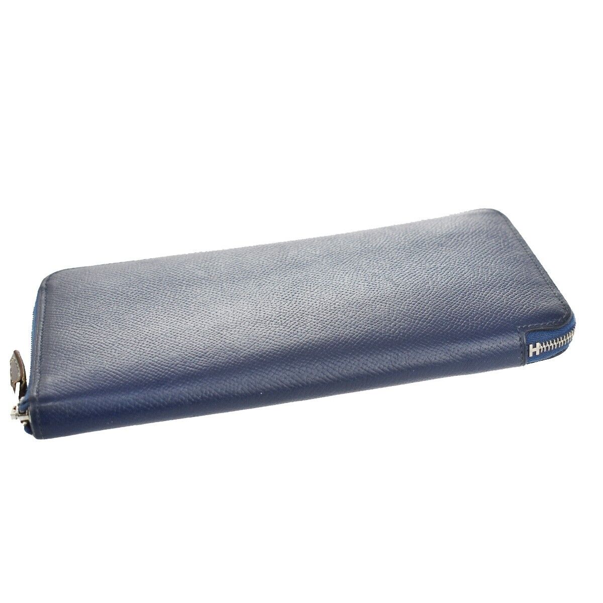HERMES Azap Silk In Long Zipper Bifold Wallet Purse Leather Blue Silver 37JH641