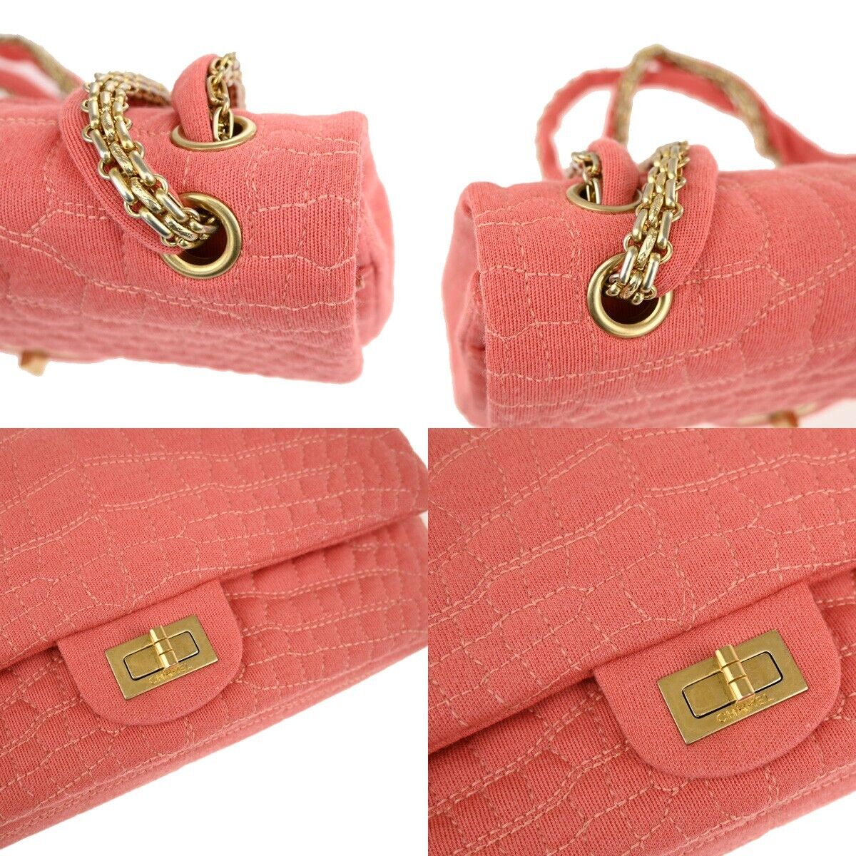 CHANEL Logo 2.55 Double Flap Chain Shoulder Bag Canvas Leather Pink GHW 314RJ738