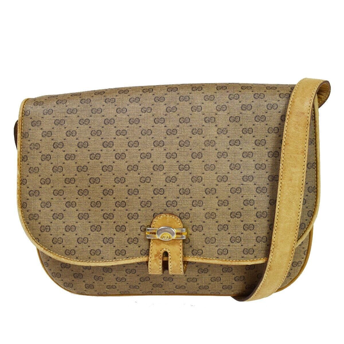 GUCCI Logo GG Pattern Shoulder Bag Leather Brown Gold Made In Italy 68YC146