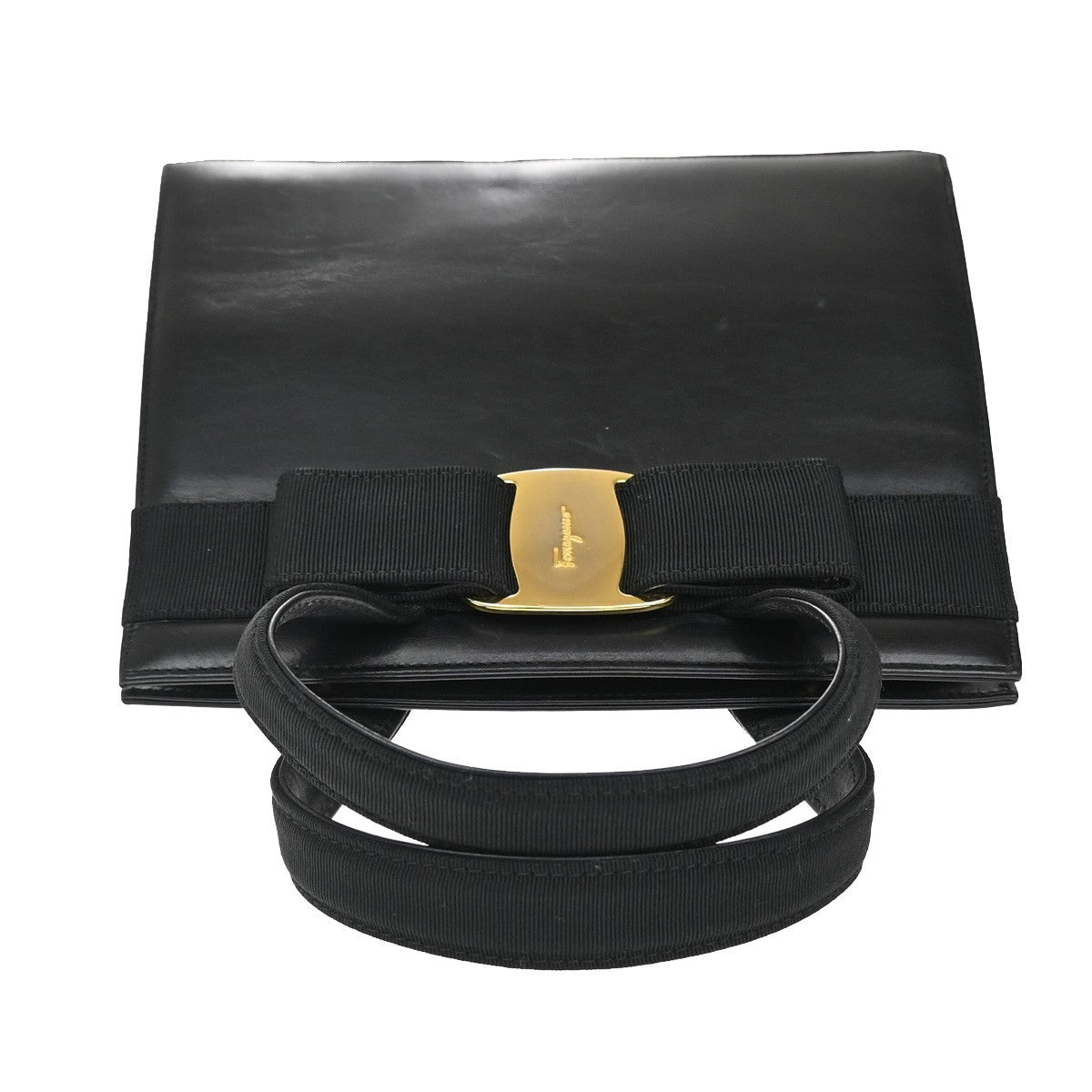 SALVATORE FERRAGAMO Logo Vara Hand Bag Leather Canvas Black GHW Italy 62KB114