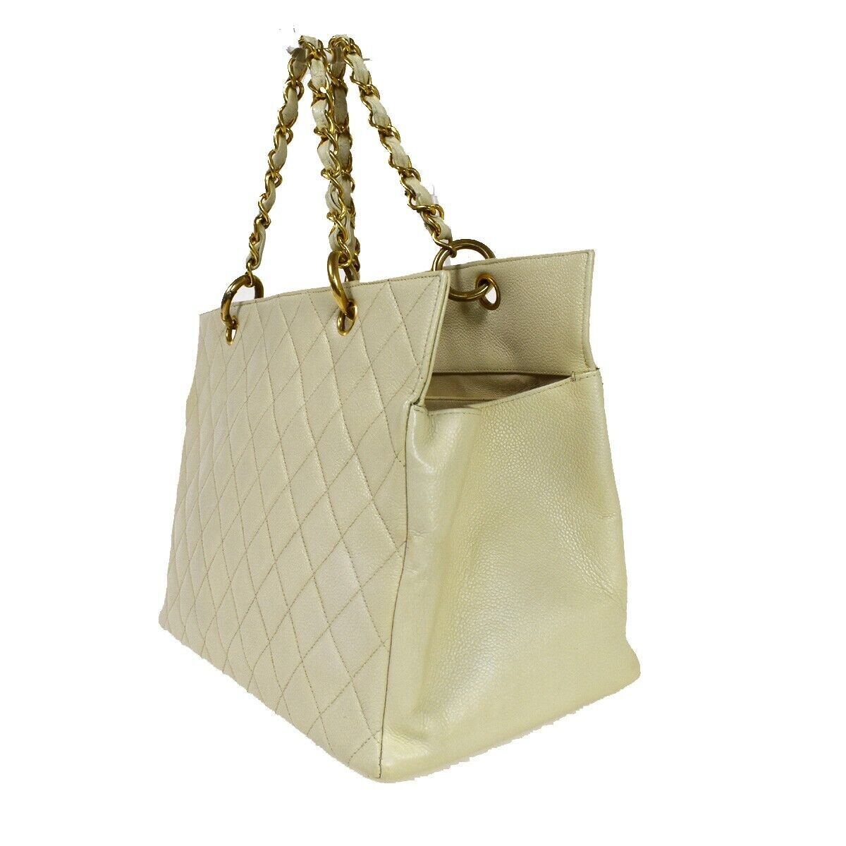 CHANEL CC Matelasse Chain Shoulder Tote Bag Caviar Leather Ivory GHW 49FA171