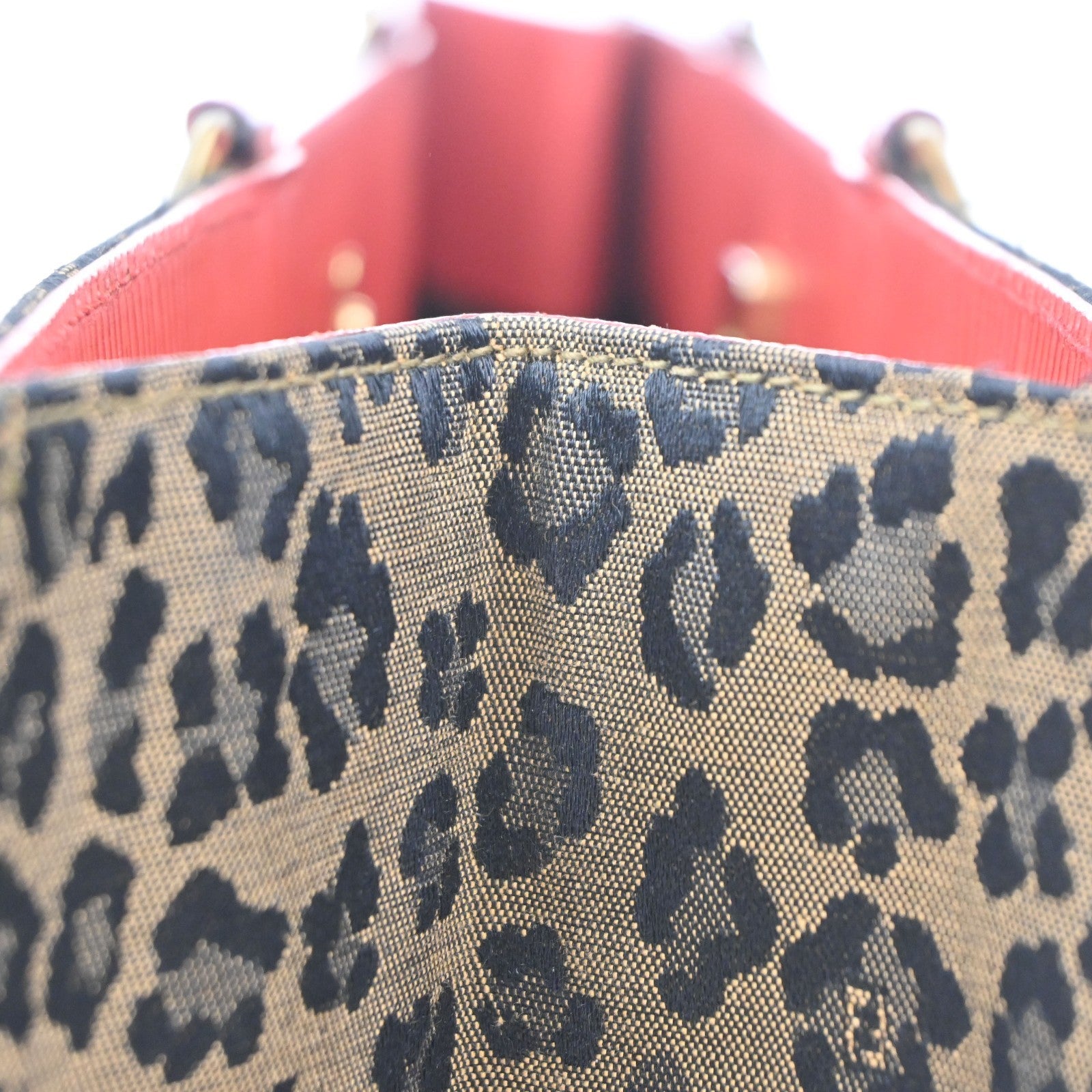 FENDI Logo Leopard Pattern Hand Bag Canvas Leather Brown Red Italy 38KD067