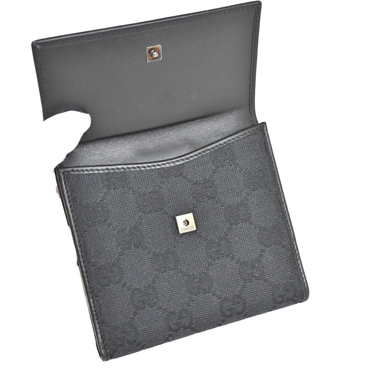 GUCCI Logo GG Pattern Bifold Wallet Canvas Leather Black SHW Italy 35YD865