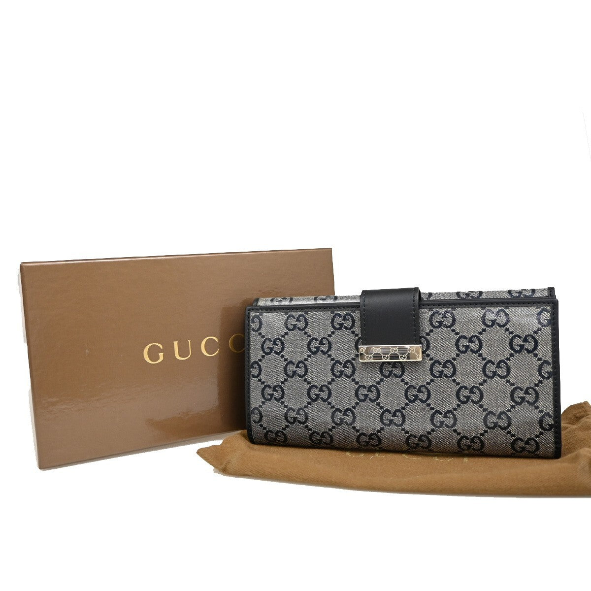 GUCCI Crystal GG Pattern Long Wallet Coating Canvas Leather Black GHW 86RF275