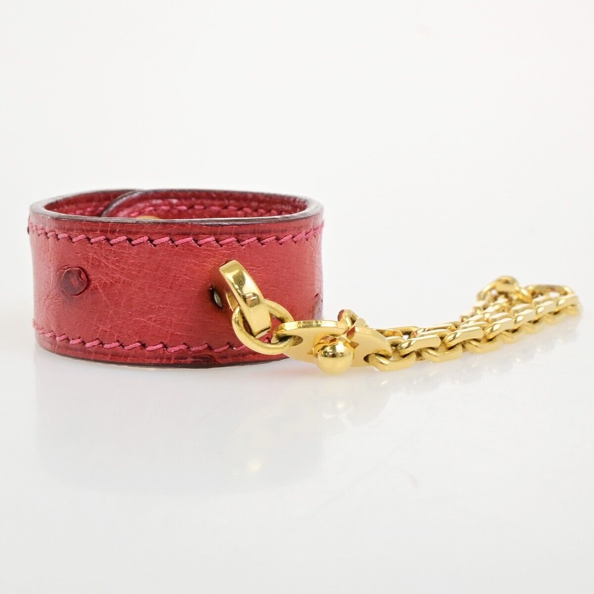 HERMES Logo Chain Glove Holder Exotic Leather Gold-plated Red Accessory 67KA565