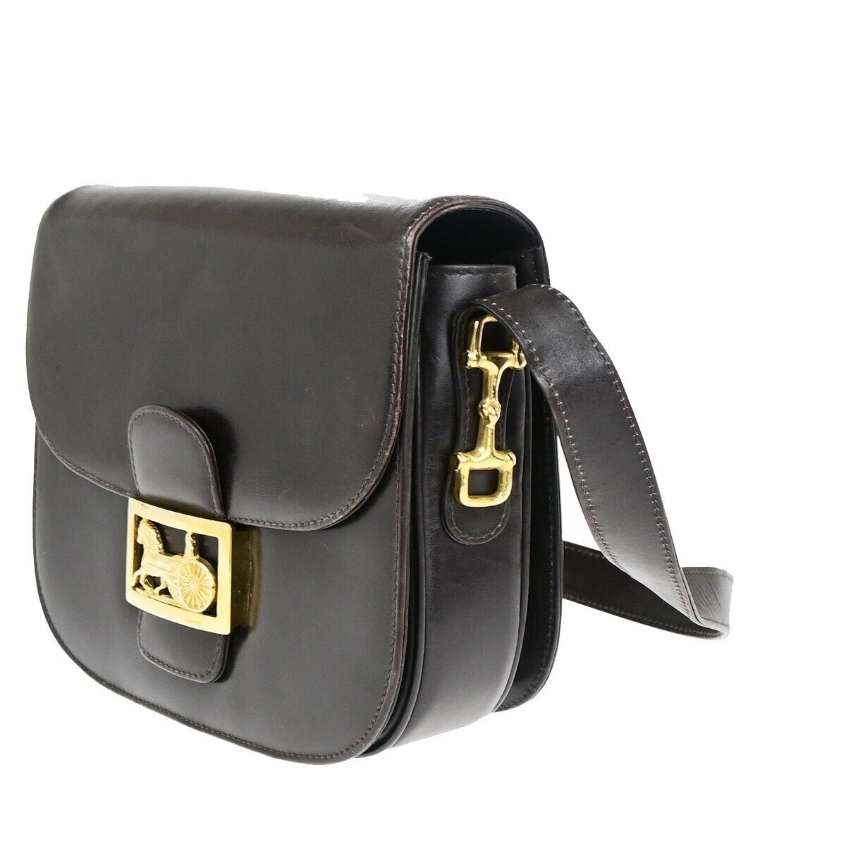 CELINE Logo Horse Carriage Shoulder Bag Leather Brown Gold Made in Italy 30EC868