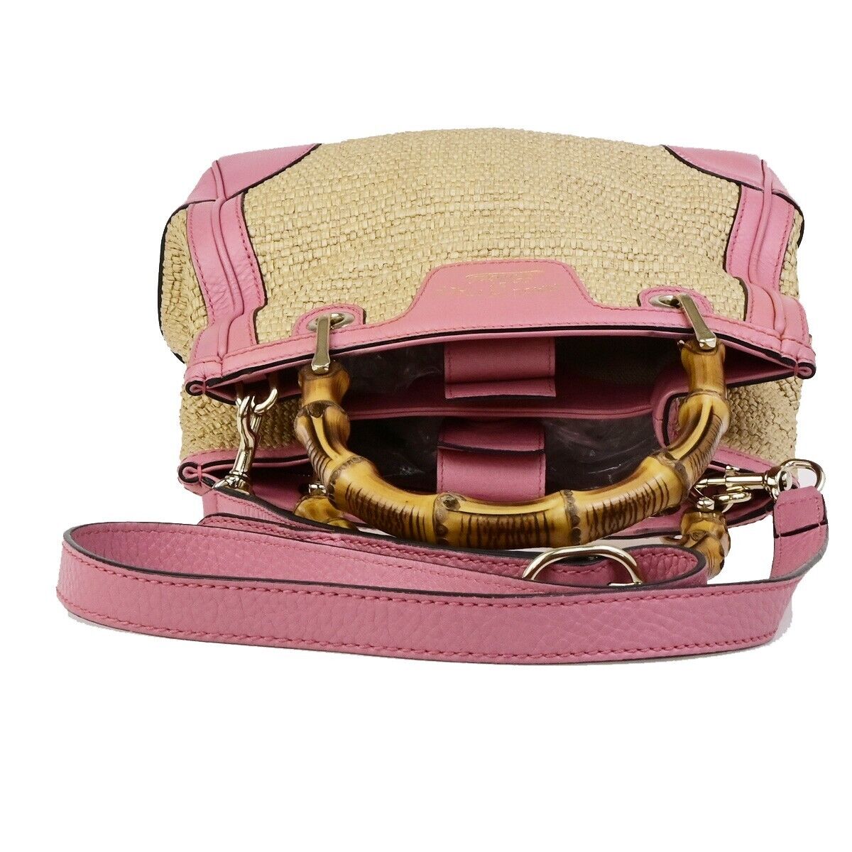 GUCCI Bamboo Shopper 2Way Shoulder Hand Bag Raffia Leather Pink Brown 84ED384