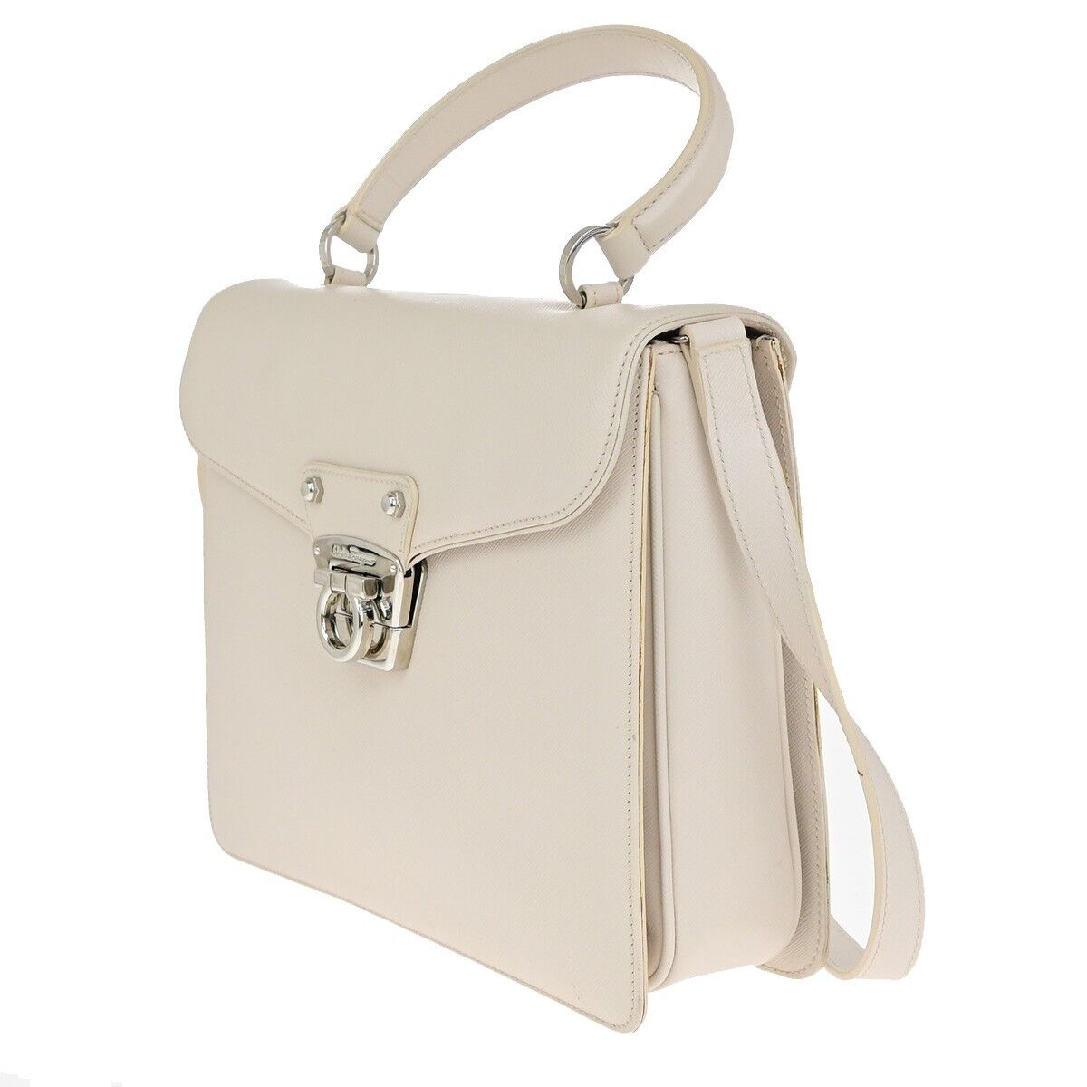 SALVATORE FERRAGAMO Logo Gancini 2Way Shoulder Bag Leather Ivory SHW 33EC737