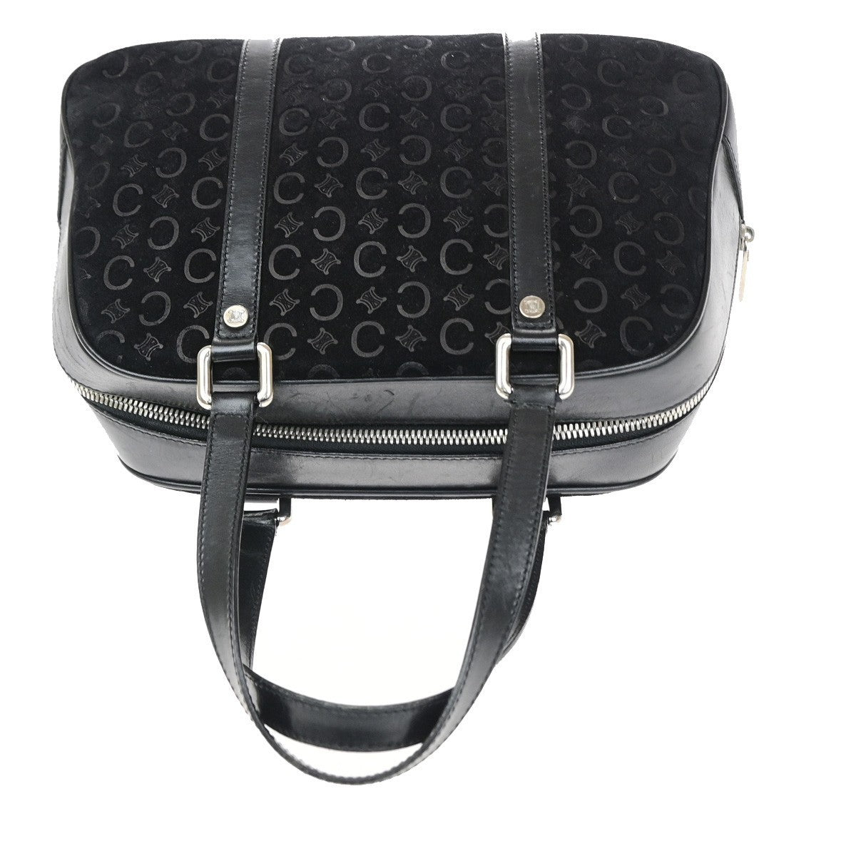 CELINE Logo C Macadam Pattern Hand Bag Suede Leather Black SHW 38CB067