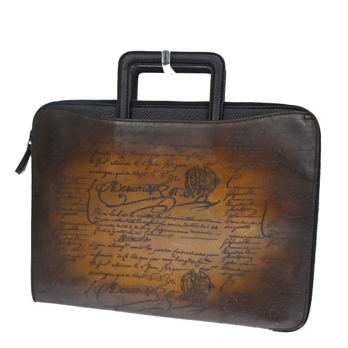BERLUTI Lift Calligraphy 2Way Briefcase Clutch Hand Bag Leather Brown BK 44RH278