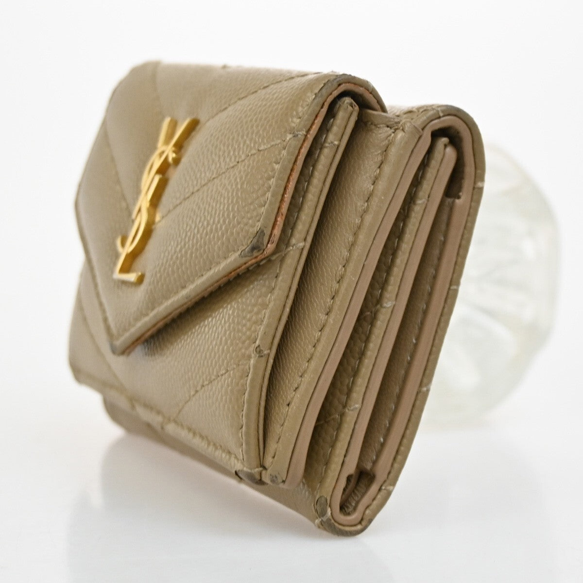 SAINT LAURENT YSL Logo Trifold Compact Wallet Leather Beige Gold Italy 66EE858