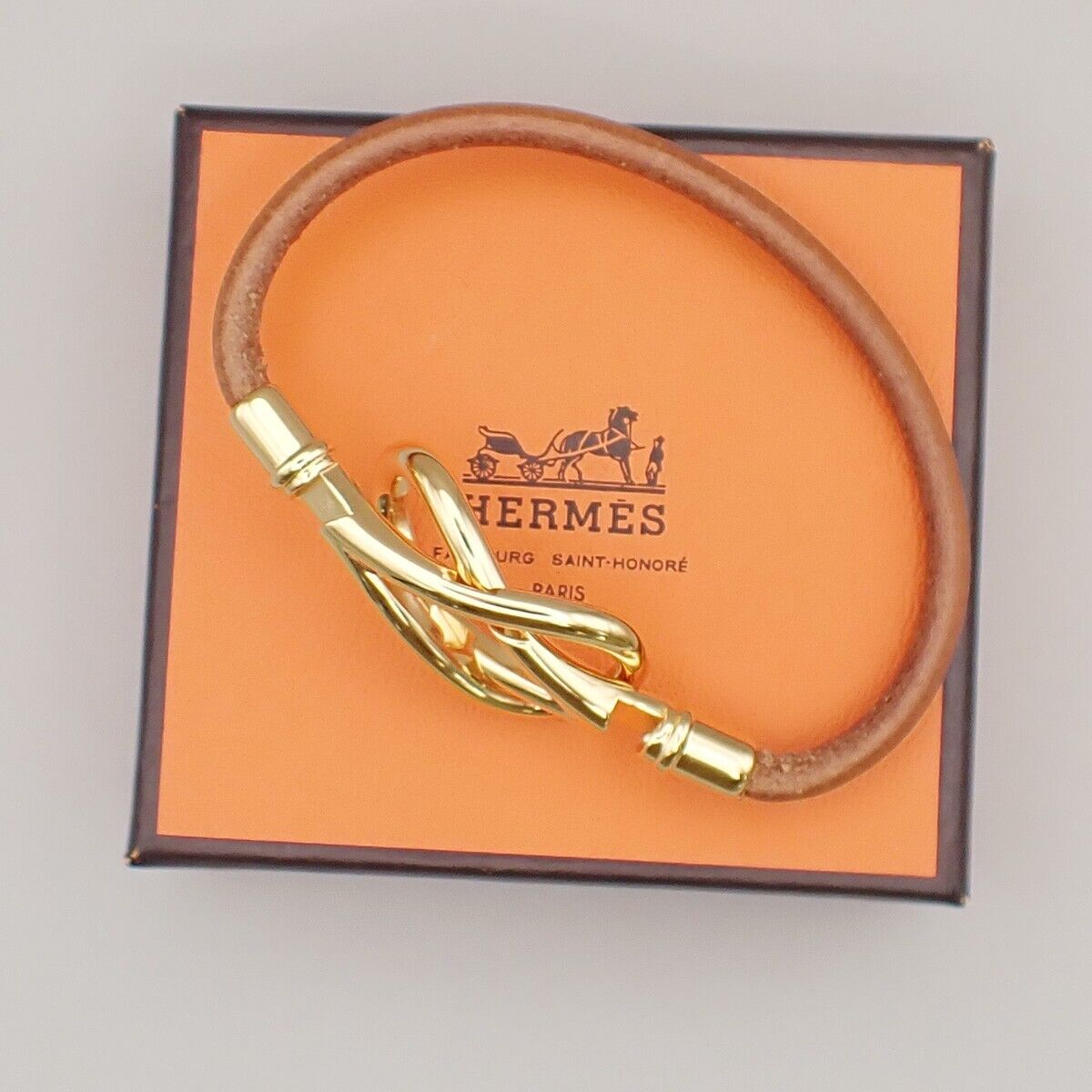 HERMES Logo Jumbo Hook Bracelet Leather Brown Gold Accessory 04ED436